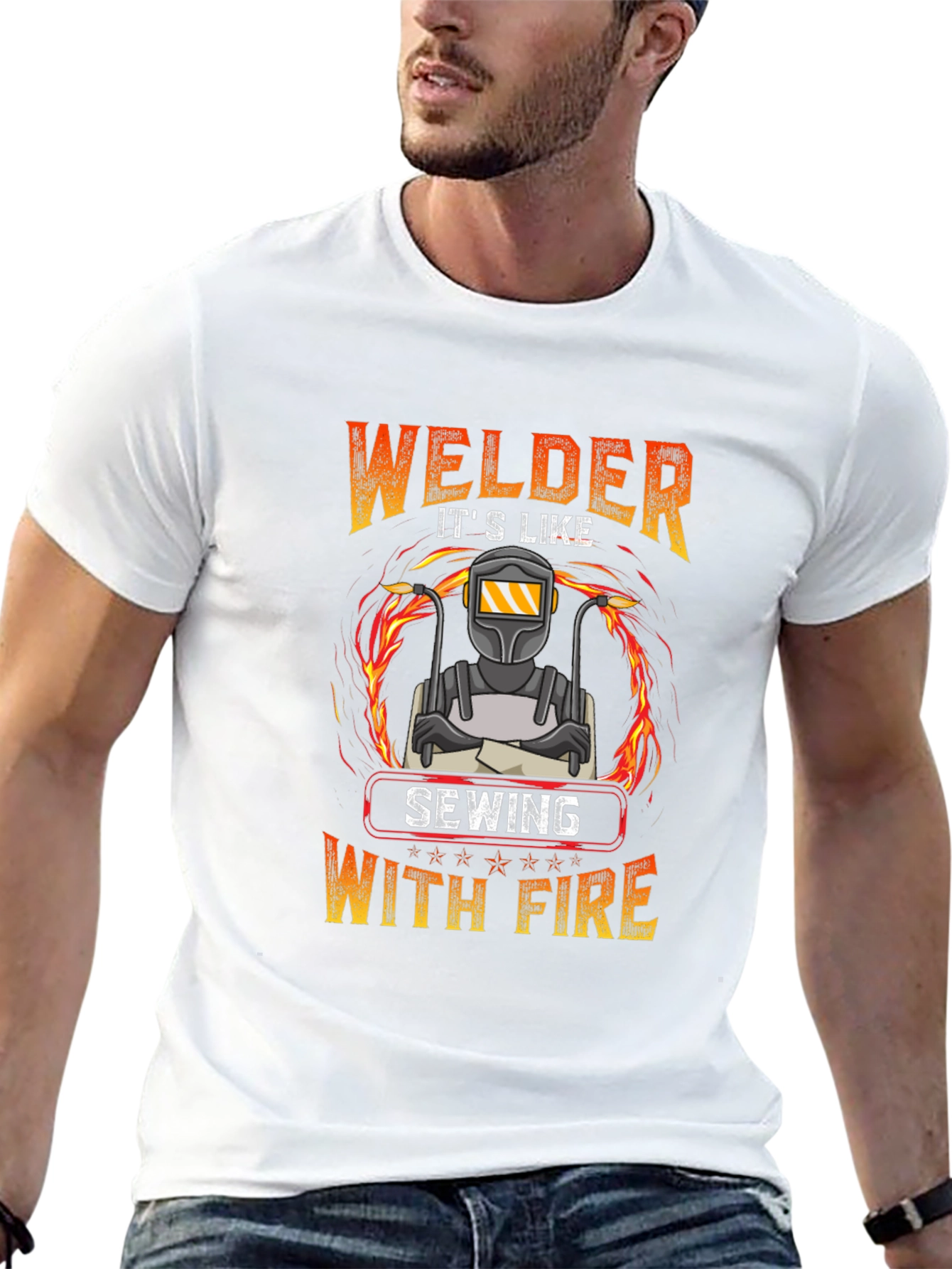 Welder Sewing With Fire Graphic T-Shirt
