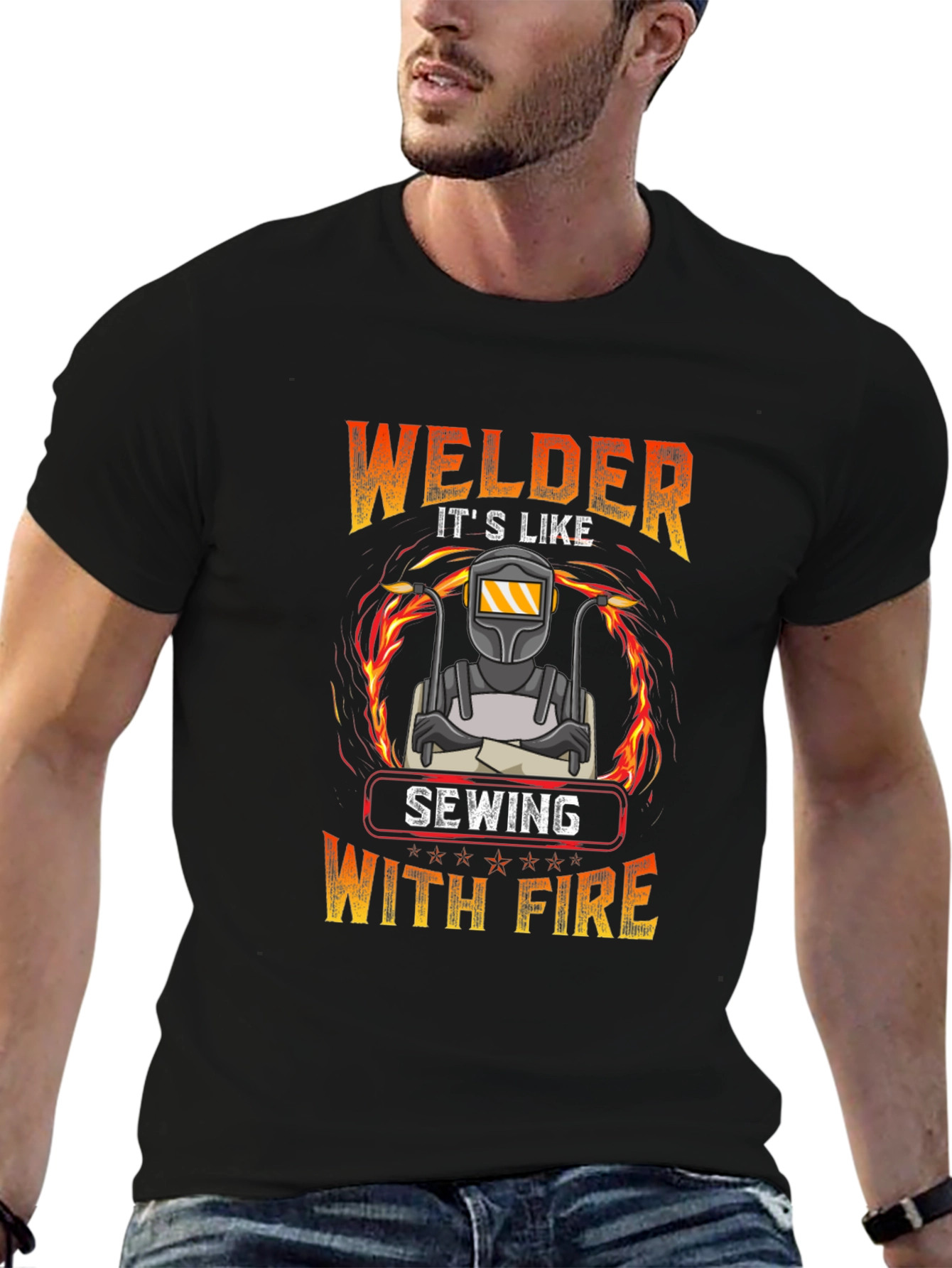 Welder Sewing With Fire Graphic T-Shirt