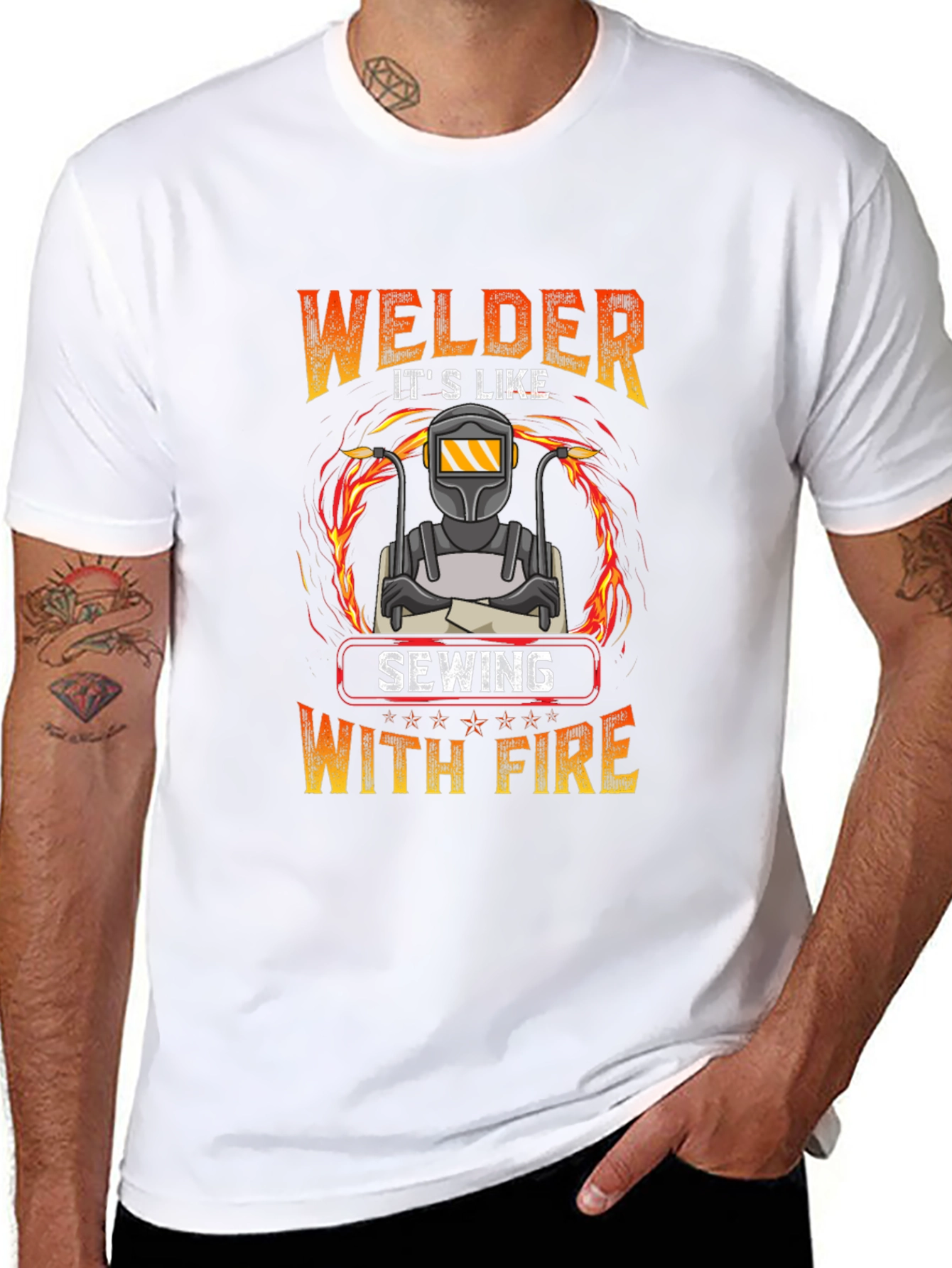 Welder Sewing With Fire Graphic T-Shirt