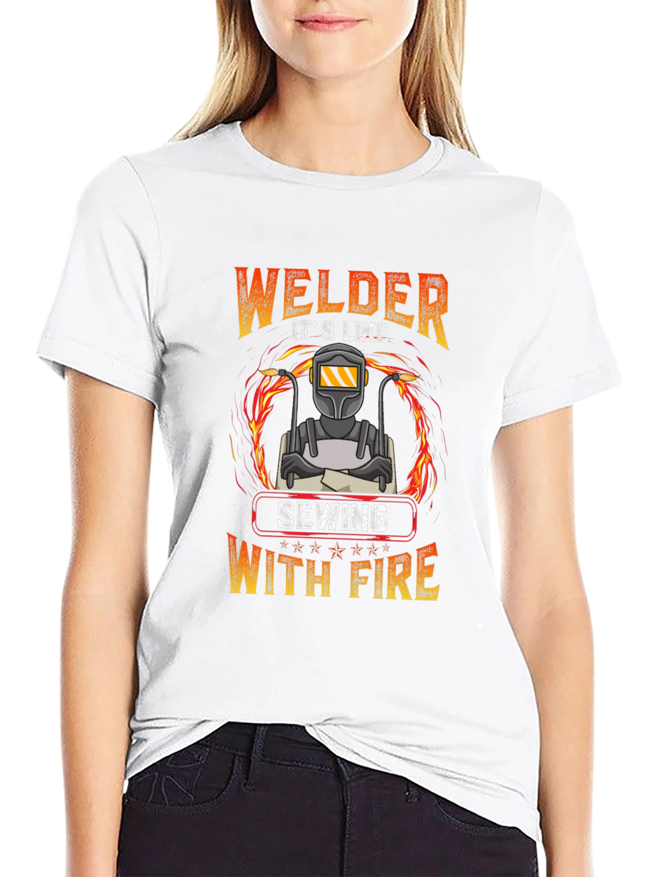 Welder Sewing With Fire Graphic T-Shirt