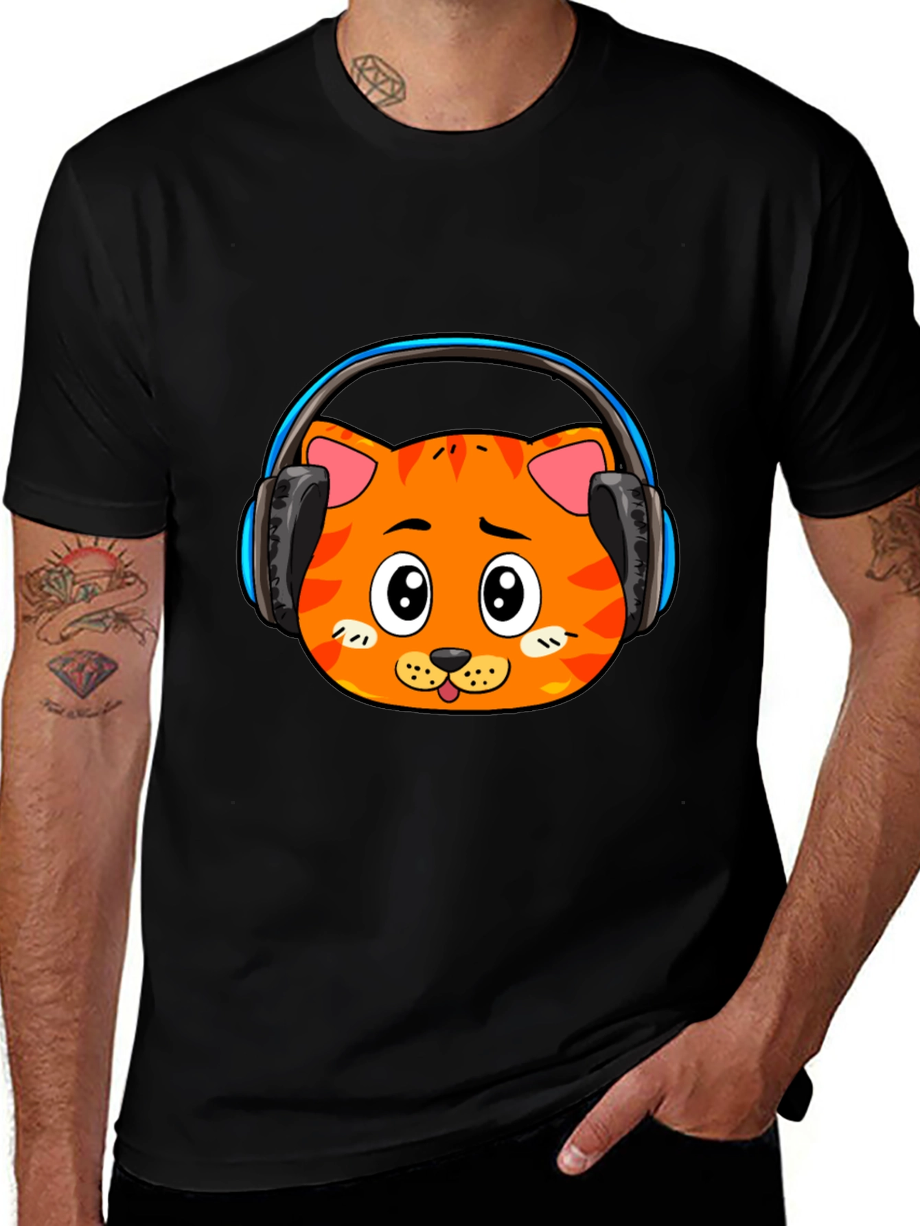 Cool Cat Headphone Graphic Black T-Shirt