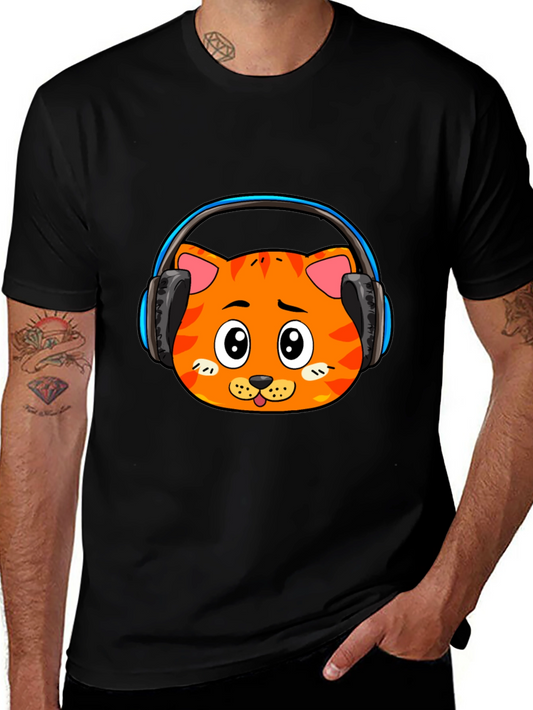 Cool Cat Headphone Graphic Black T-Shirt