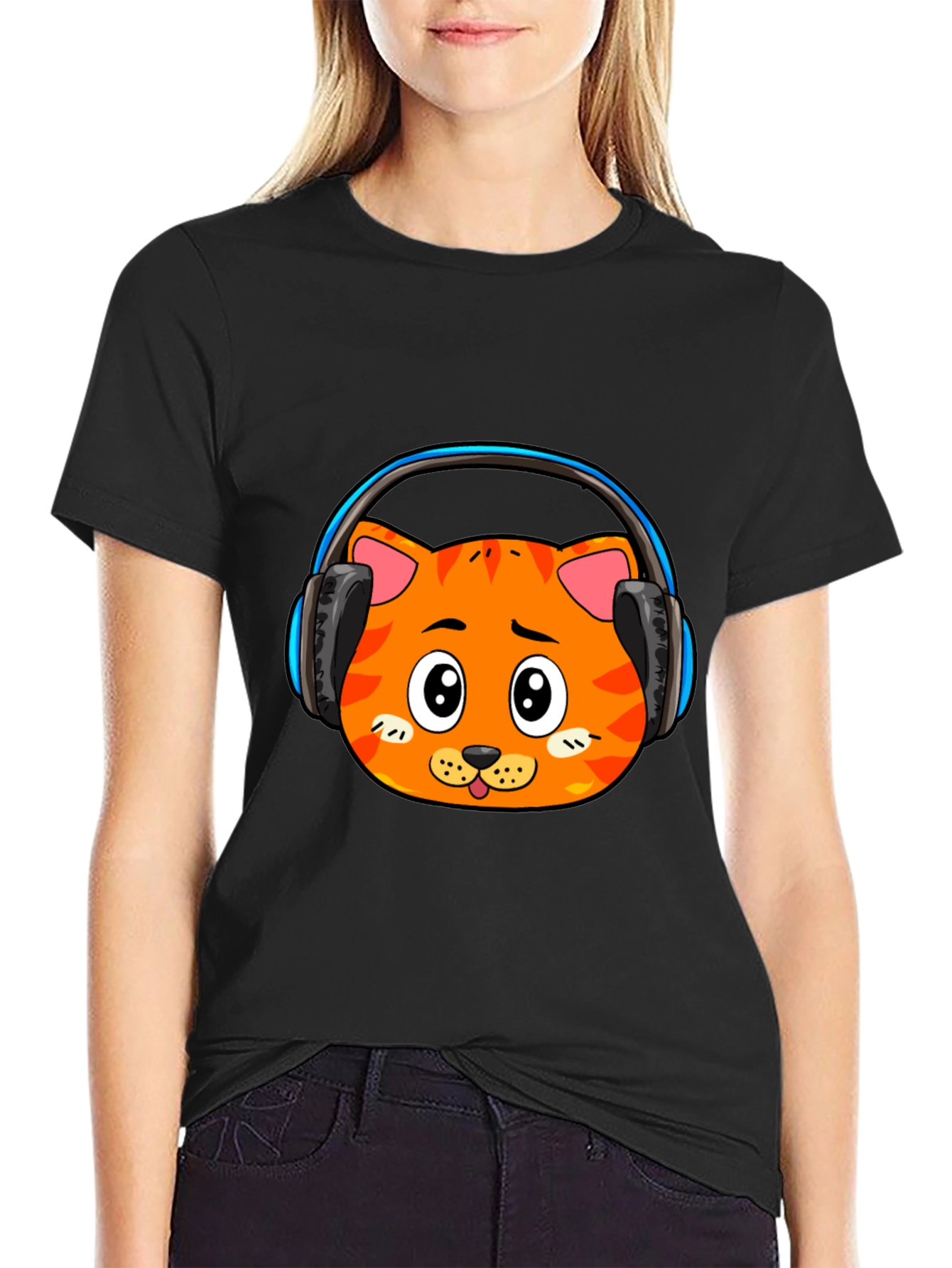 Cool Cat Headphone Graphic Black T-Shirt
