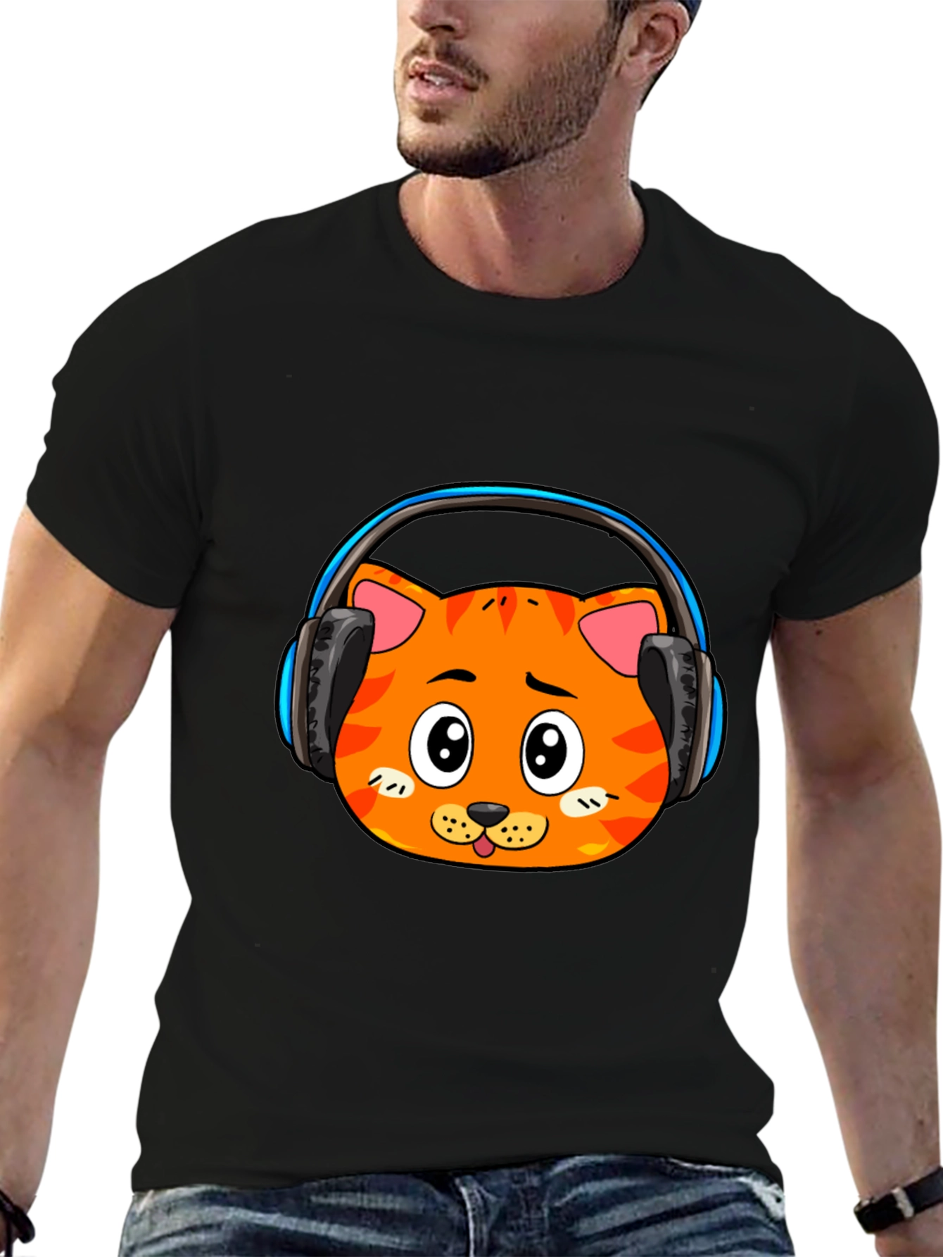 Cool Cat Headphone Graphic Black T-Shirt