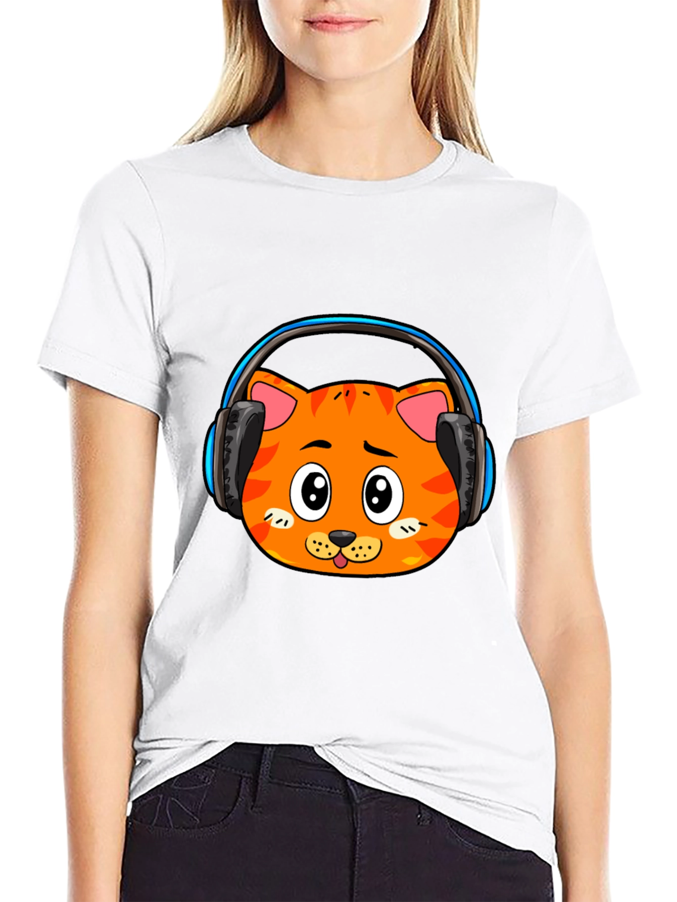Cool Cat Headphone Graphic Black T-Shirt