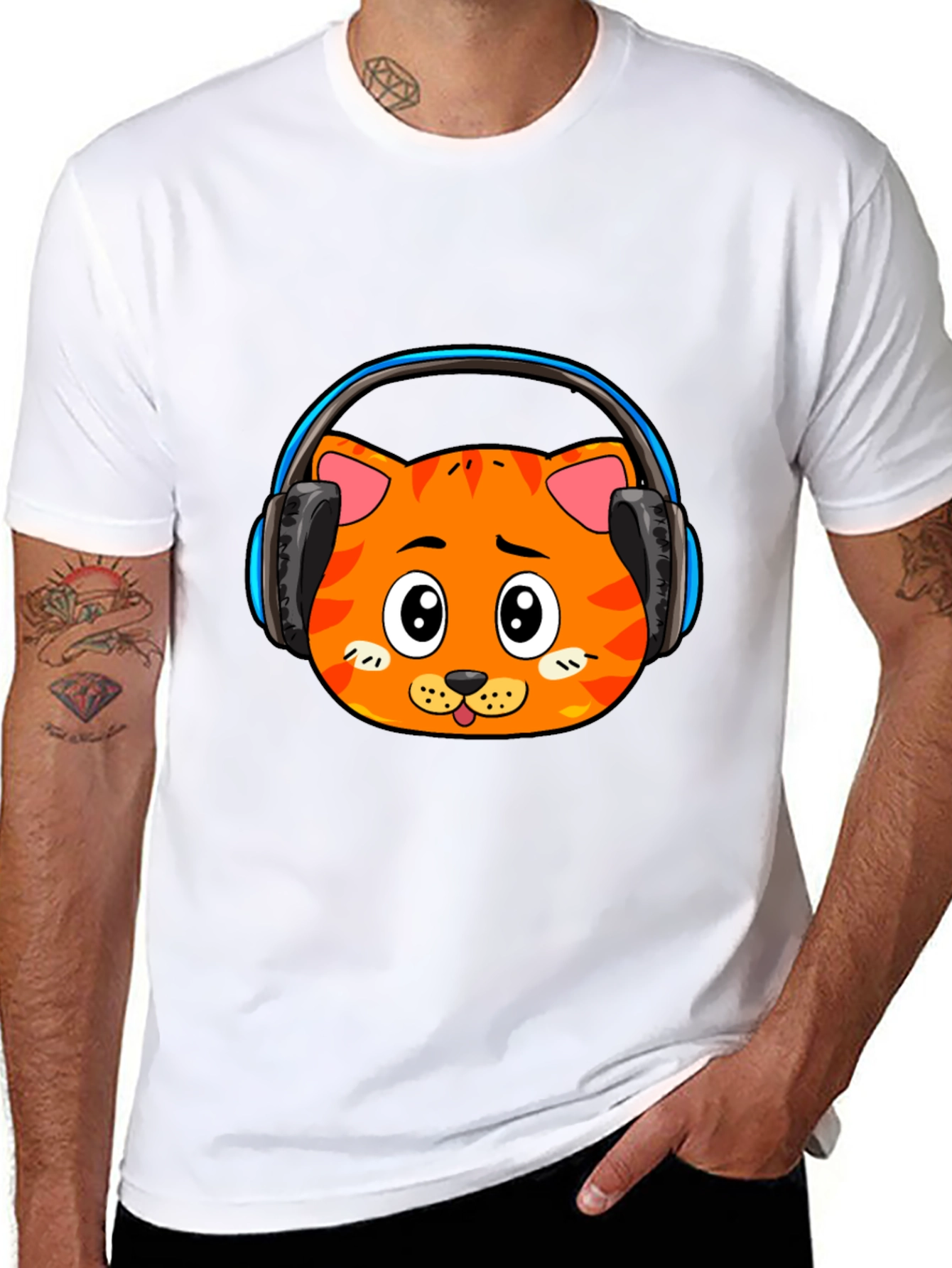 Cool Cat Headphone Graphic Black T-Shirt
