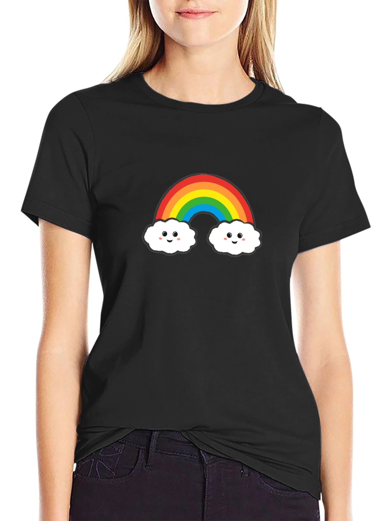 Cute Rainbow Cloud Graphic Tee - Black