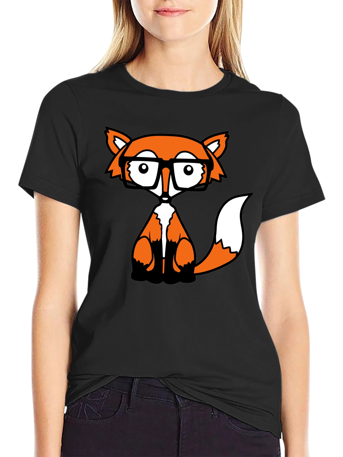Fox with Glasses Graphic Tee - Black