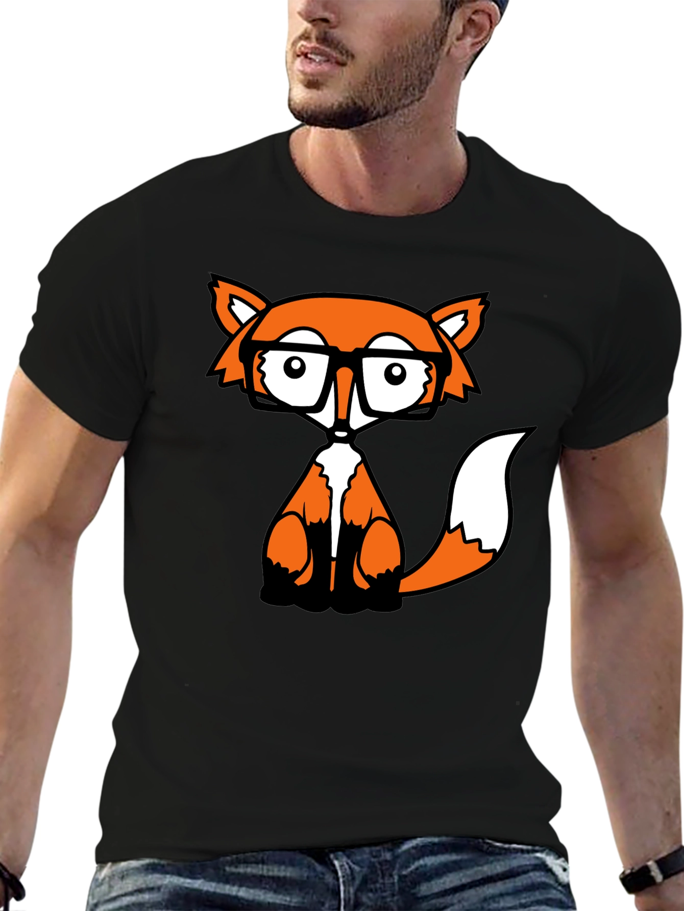 Fox with Glasses Graphic Tee - Black