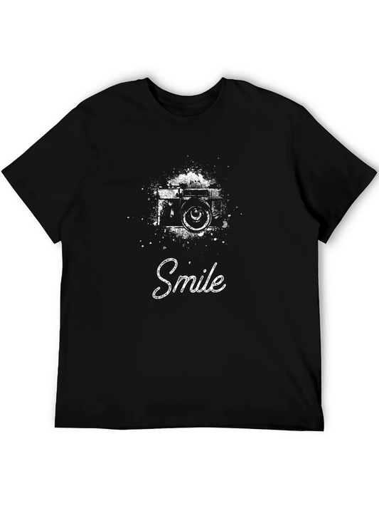 Smile Camera Graphic Tee - Black Cotton T-Shirt