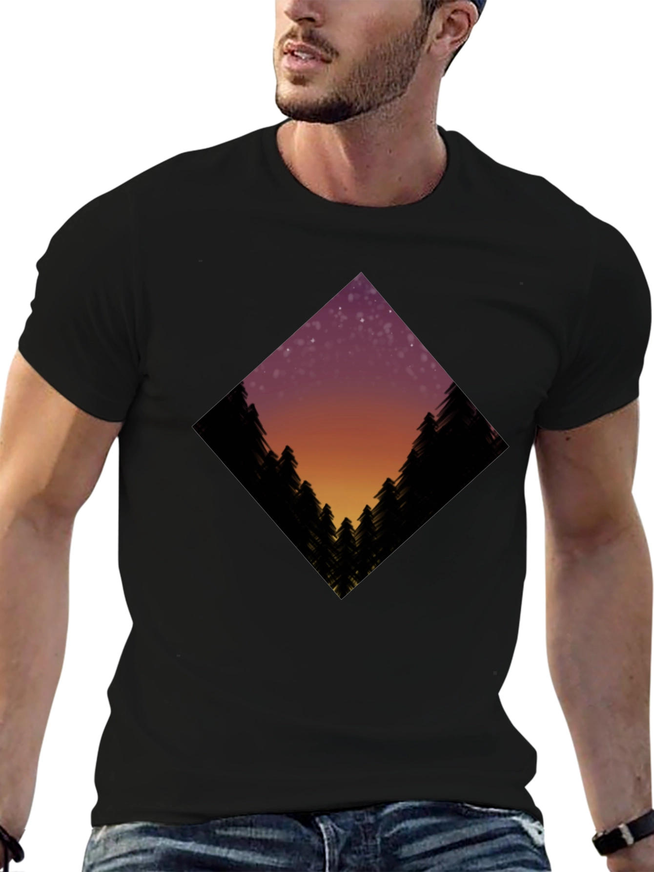Night Sky Trees Graphic Tee - Black