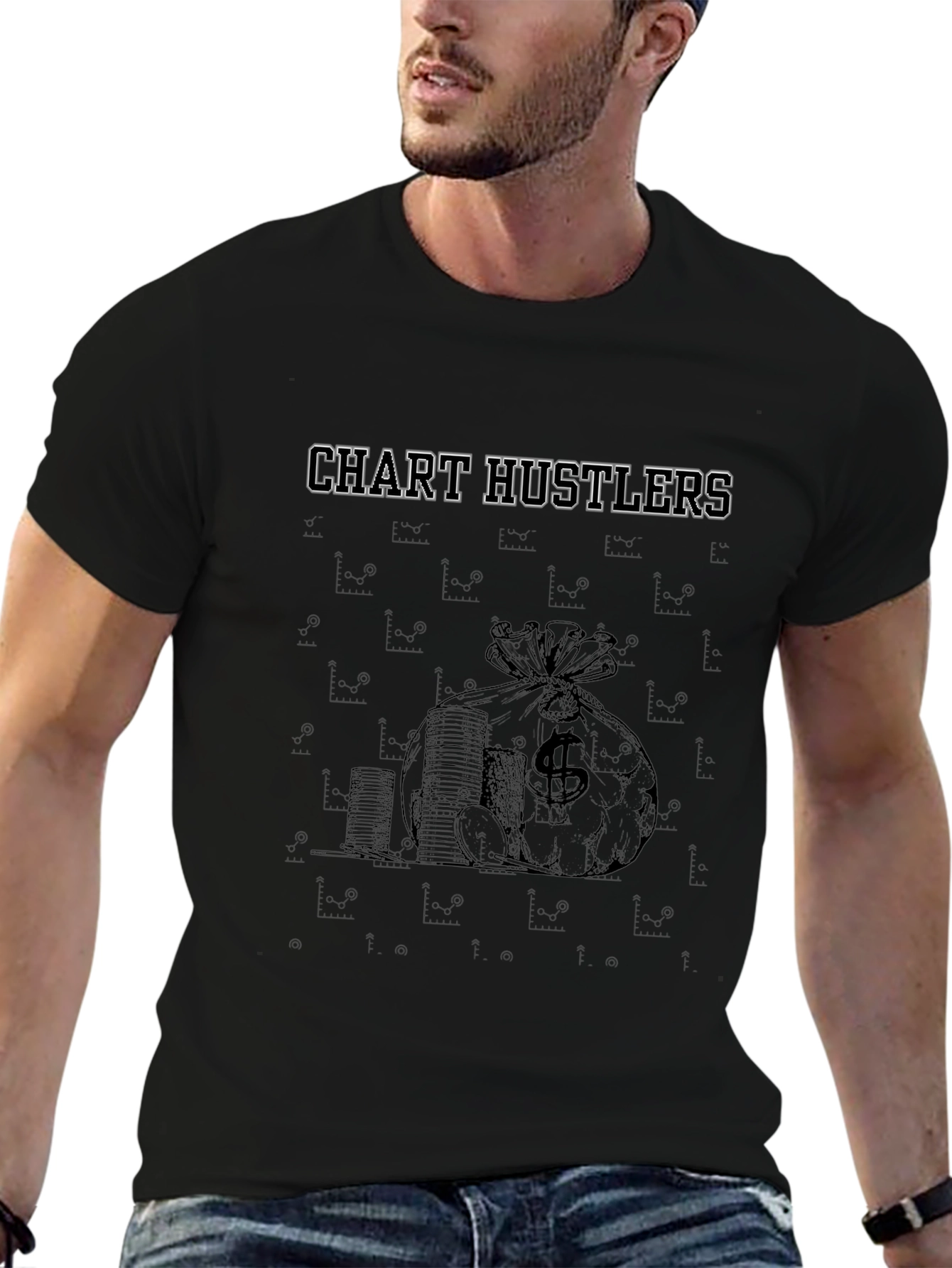 Chart Hustlers Black T-Shirt - Money Bag Design