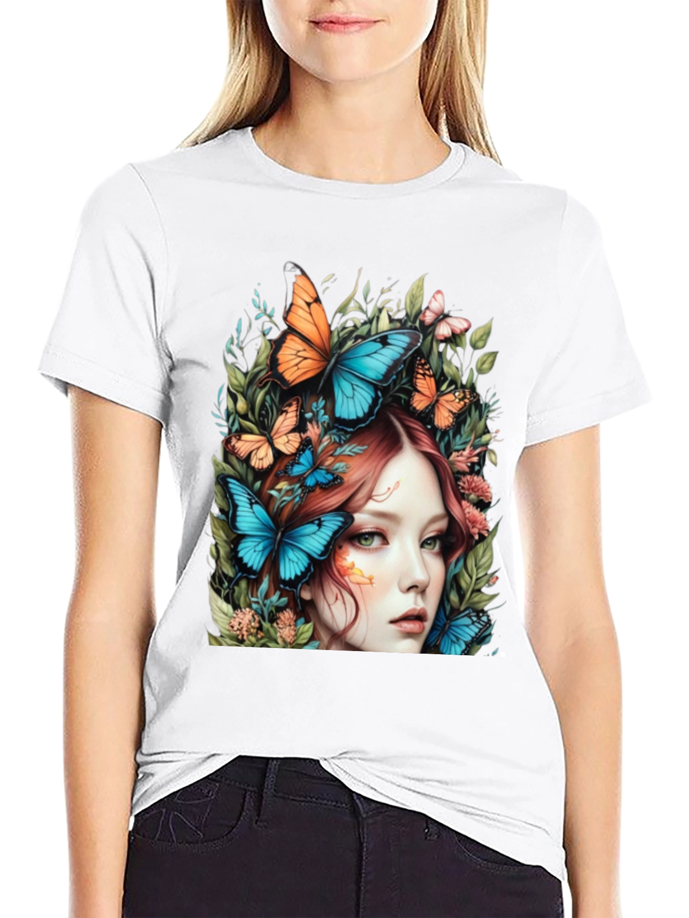 Butterfly Woman Graphic Tee - Nature Art T-Shirt