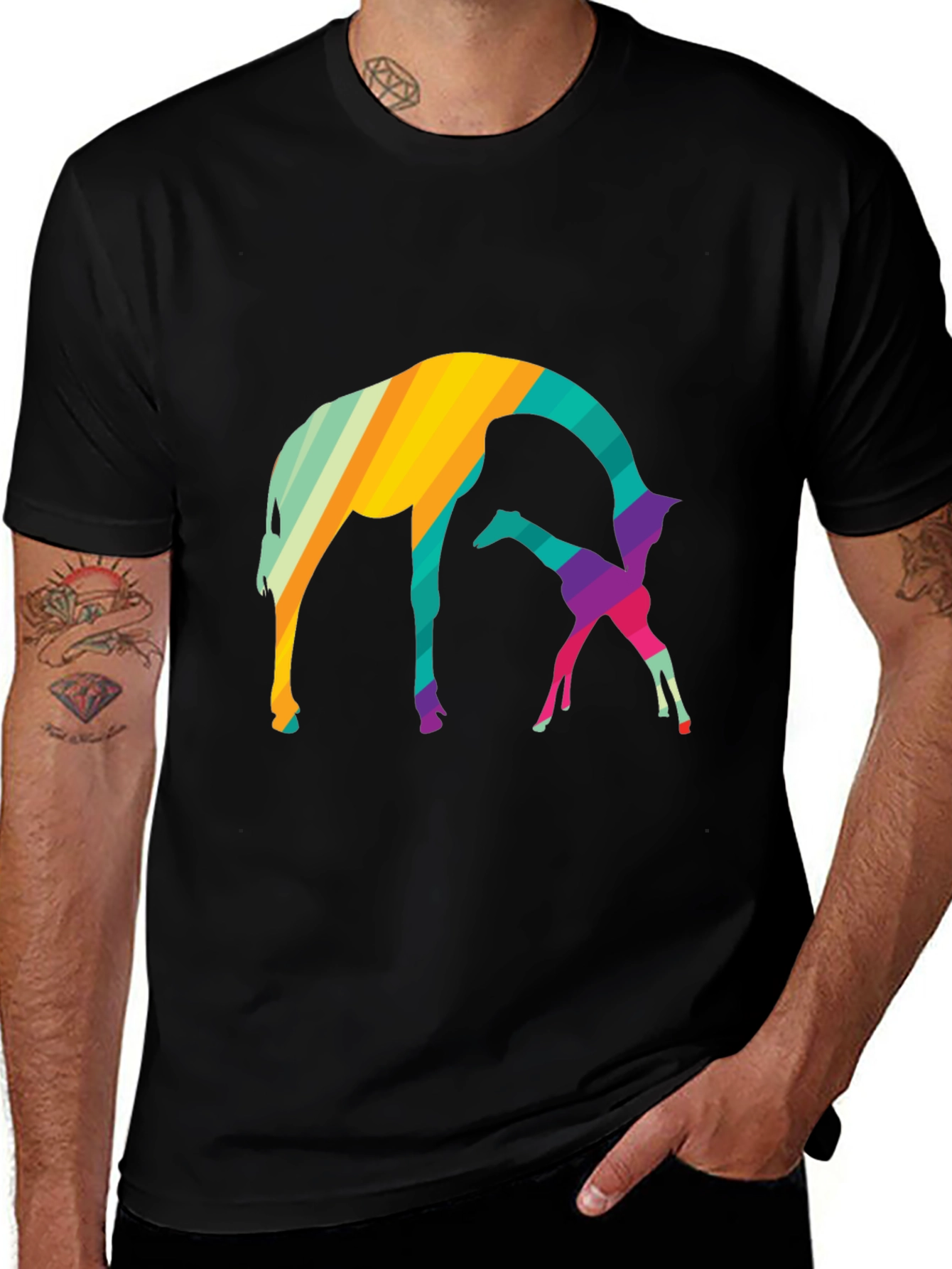 Abstract Giraffe Graphic Tee - Black Cotton Blend Shirt