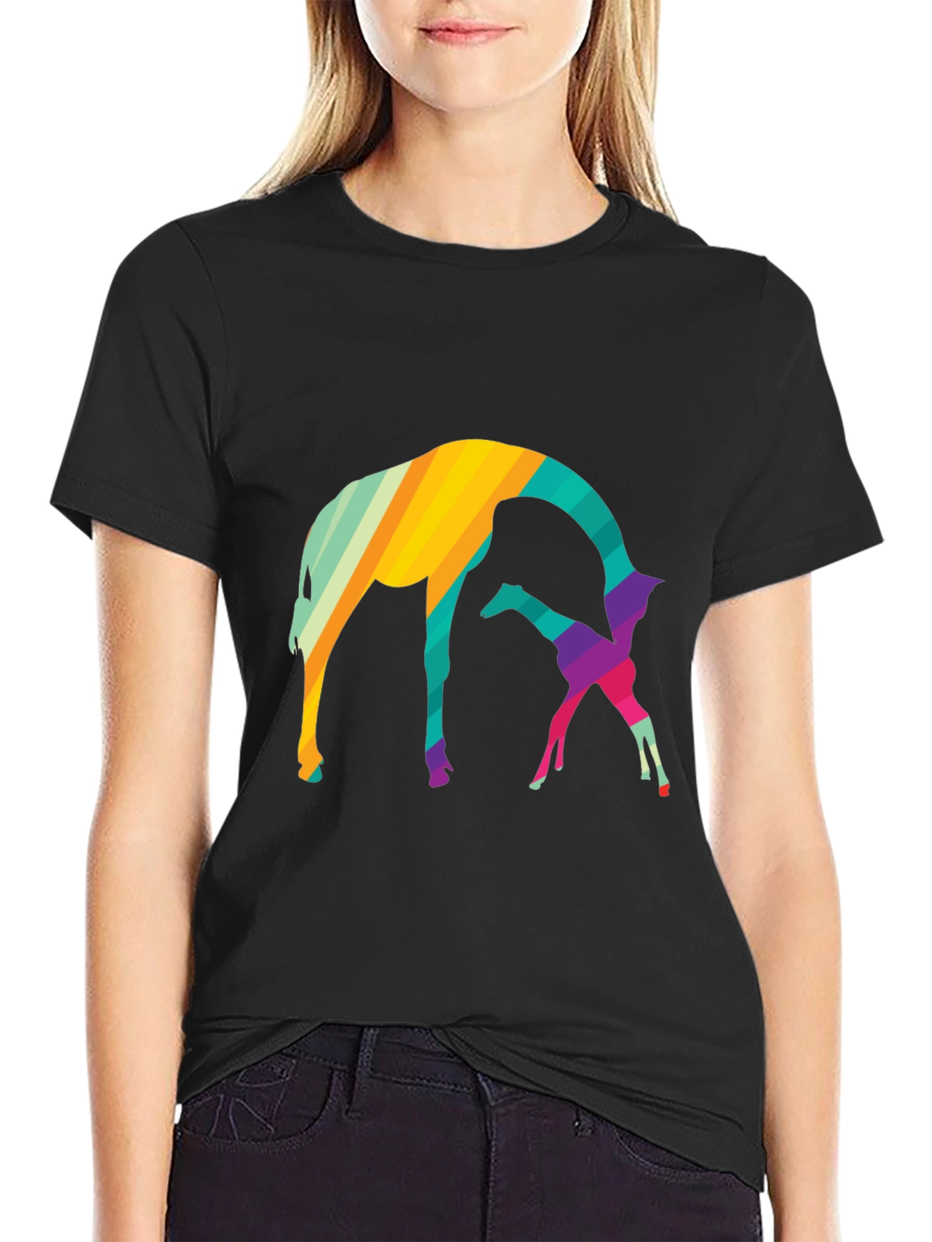 Abstract Giraffe Graphic Tee - Black Cotton Blend Shirt