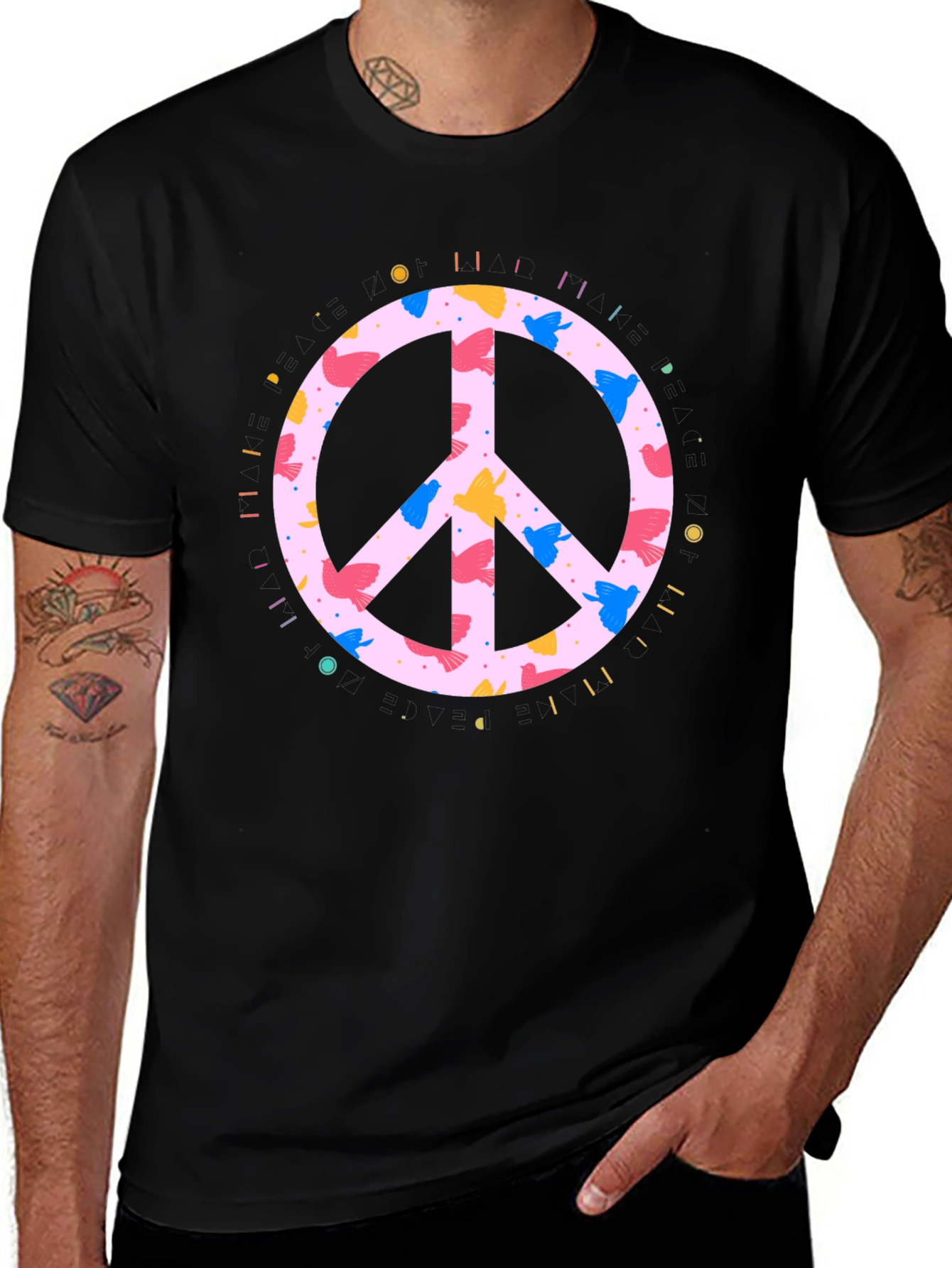 Peace Sign Bird Print Black T-Shirt