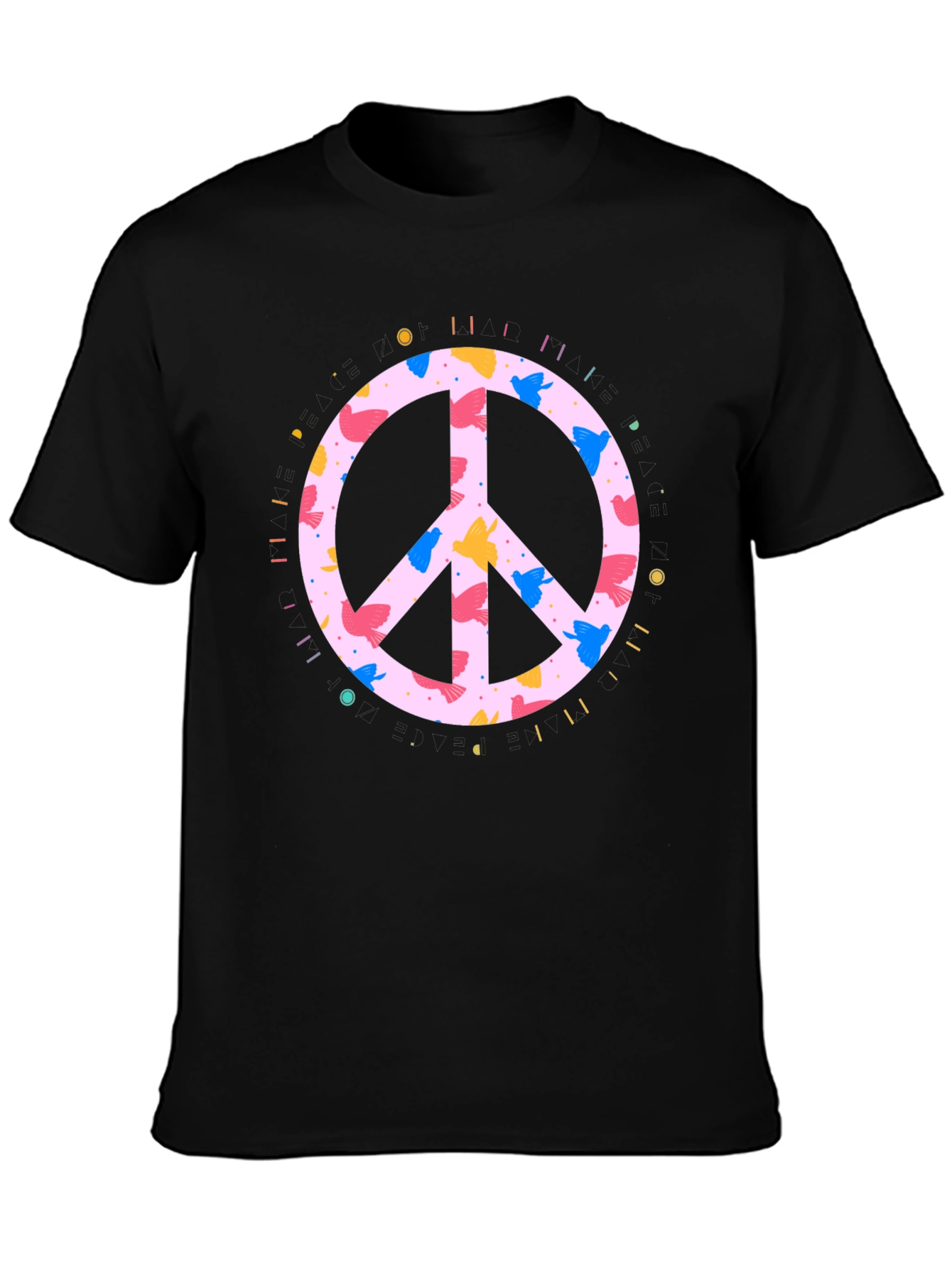 Peace Sign Bird Print Black T-Shirt