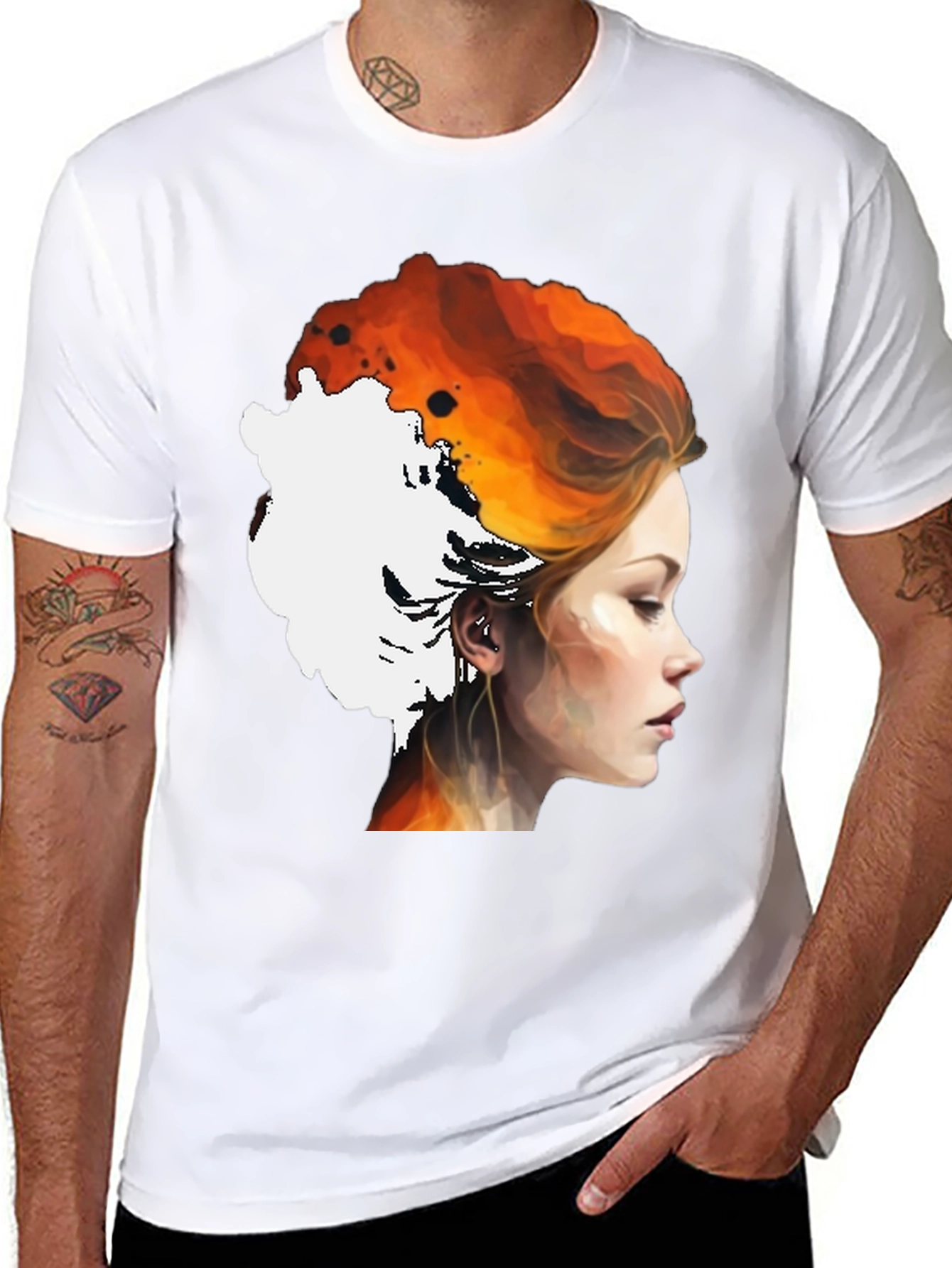 Fiery Woman Graphic Tee - Artistic Portrait Shirt