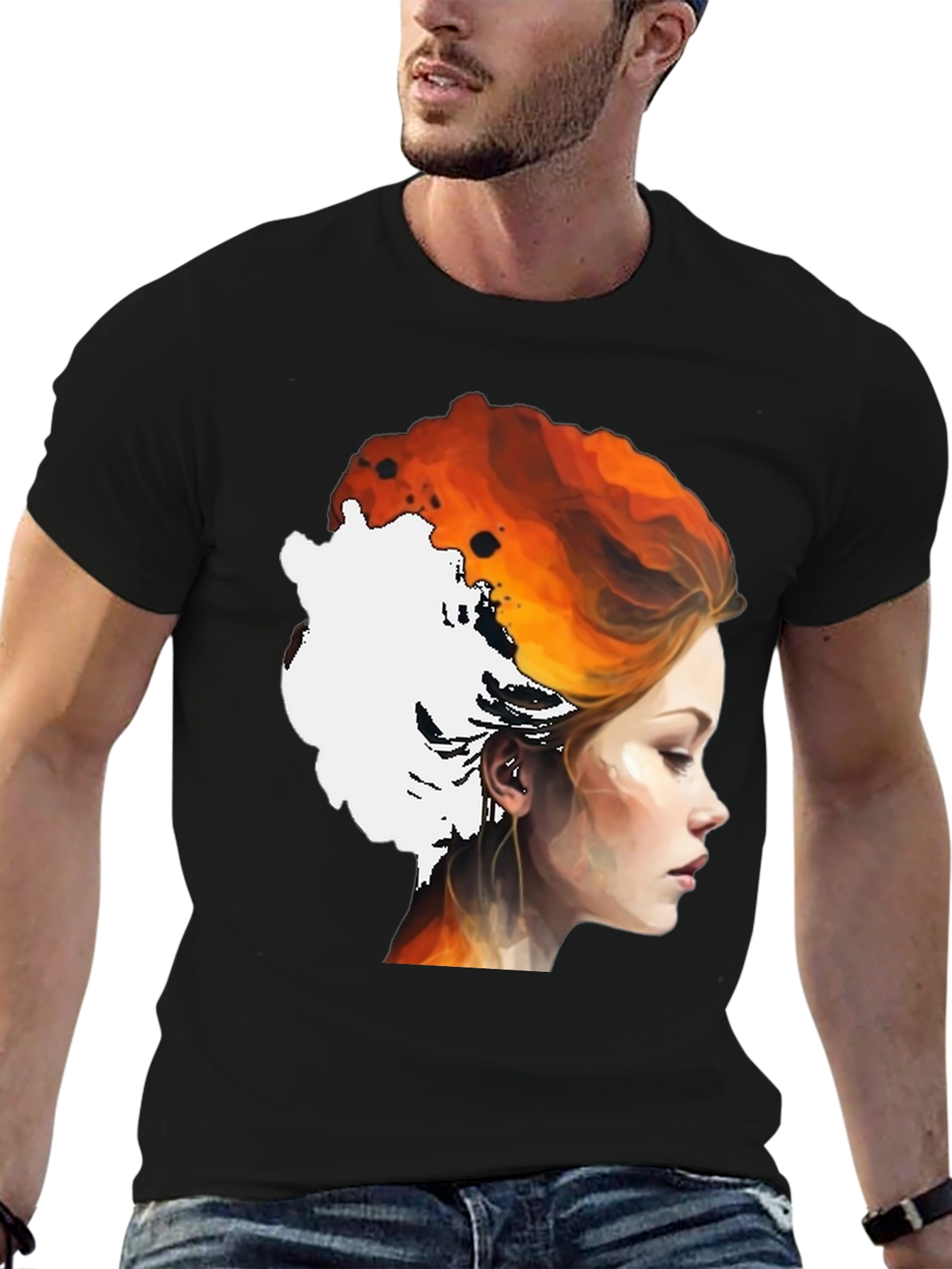 Fiery Woman Graphic Tee - Artistic Portrait Shirt