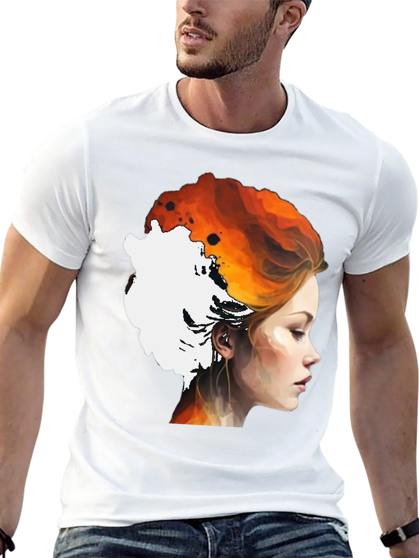 Fiery Woman Graphic Tee - Artistic Portrait Shirt