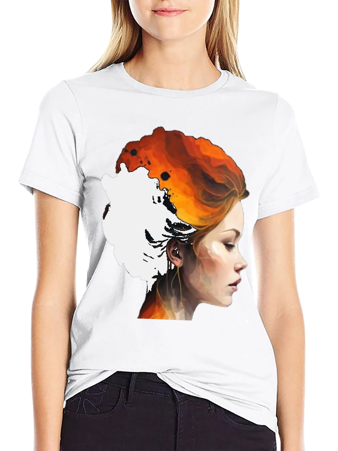 Fiery Woman Graphic Tee - Artistic Portrait Shirt