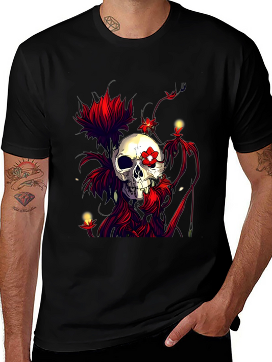 Skull & Floral Graphic T-Shirt - Dark Gothic Style
