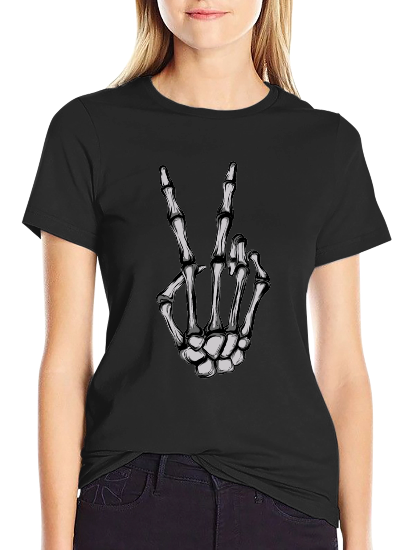 Skeleton Hand Peace Sign Graphic Tee