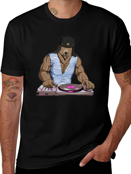 DJ Bear T-Shirt - Muscular Bear with Hat and Striped Shirt