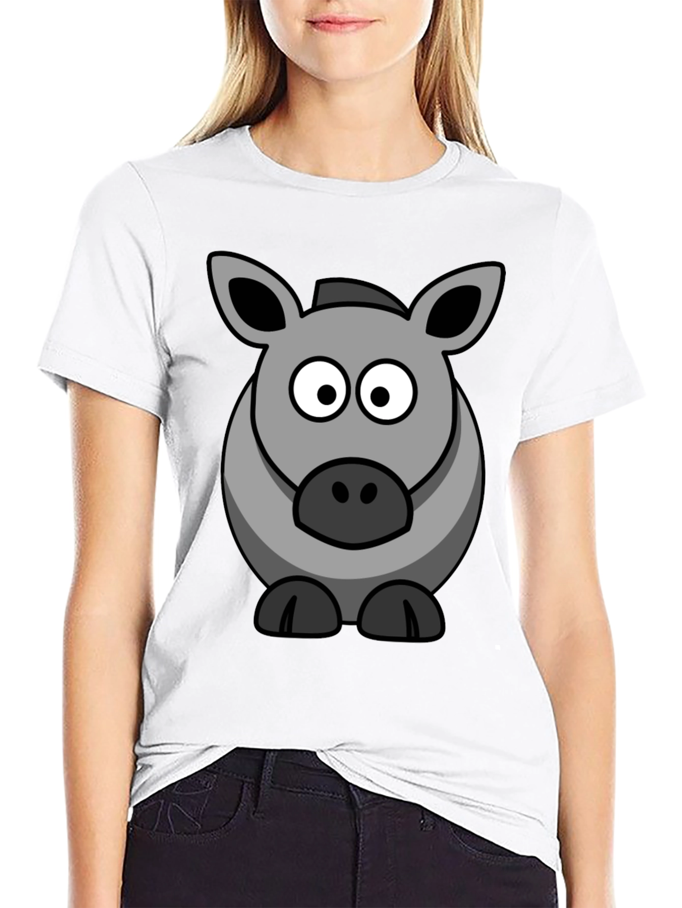 Cartoon Donkey Graphic Tee - Black Cotton Casual Shirt