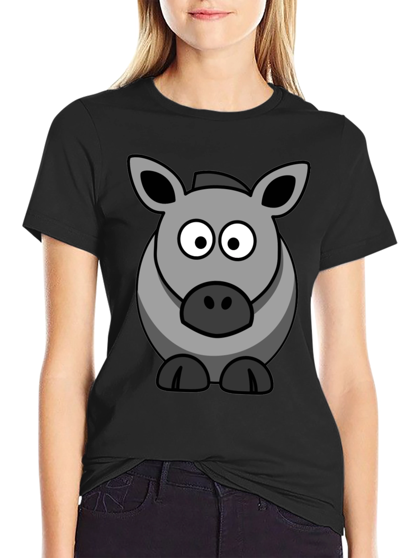 Cartoon Donkey Graphic Tee - Black Cotton Casual Shirt