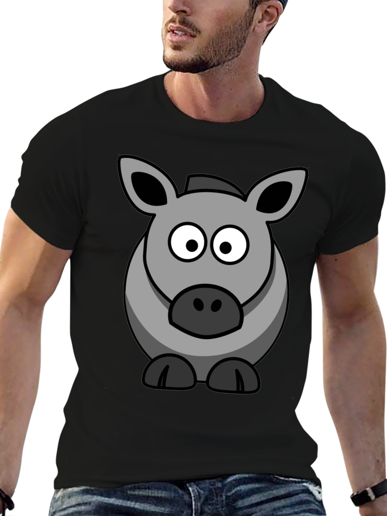 Cartoon Donkey Graphic Tee - Black Cotton Casual Shirt