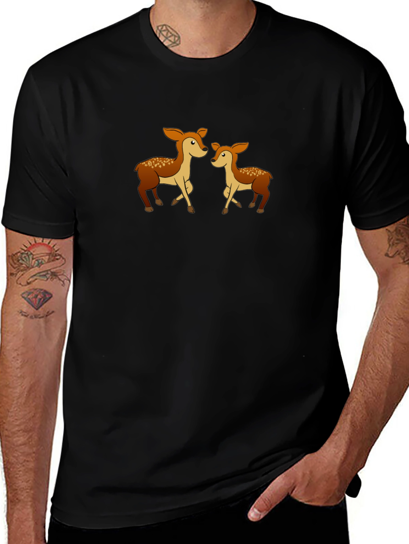 Cute Deer Family Graphic Tee - Black Cotton Shirt
