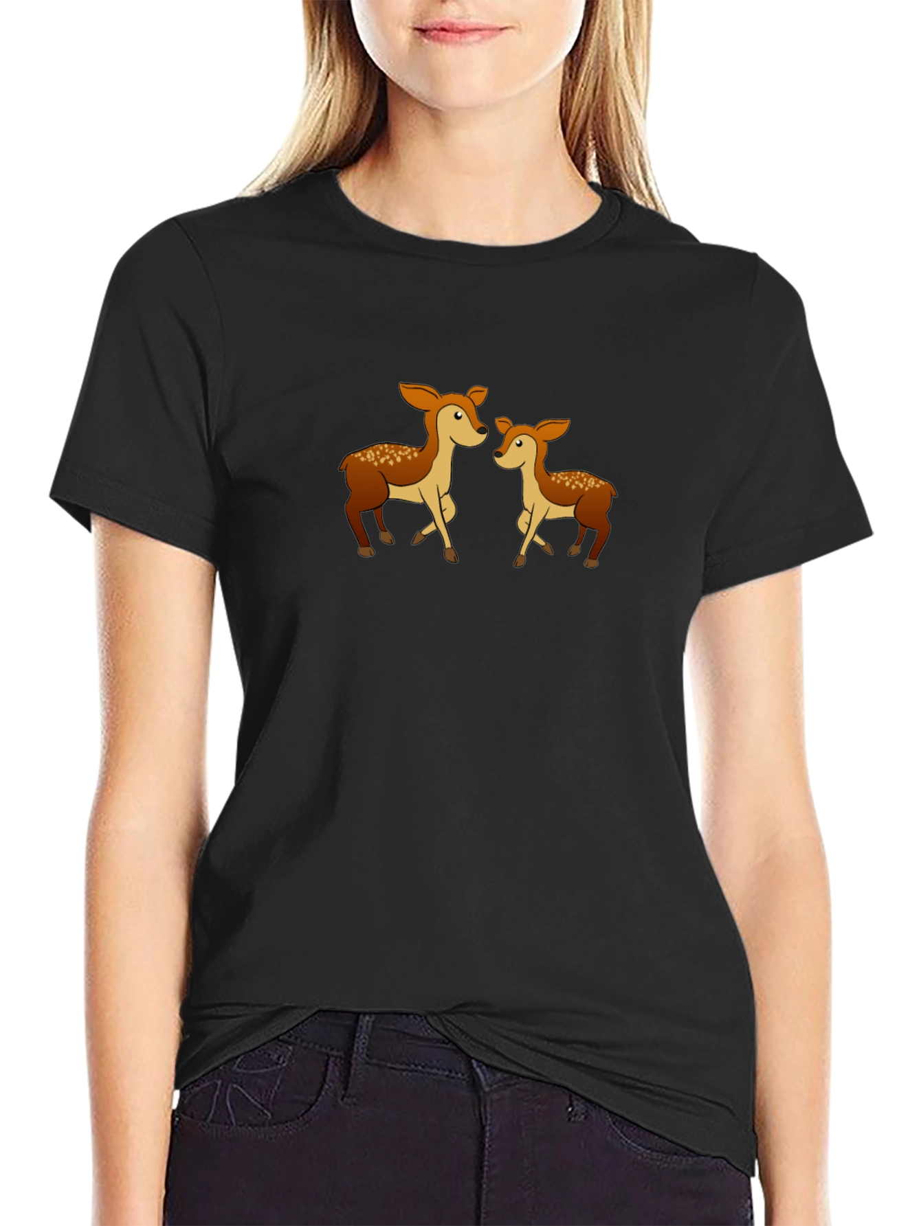 Cute Deer Family Graphic Tee - Black Cotton Shirt
