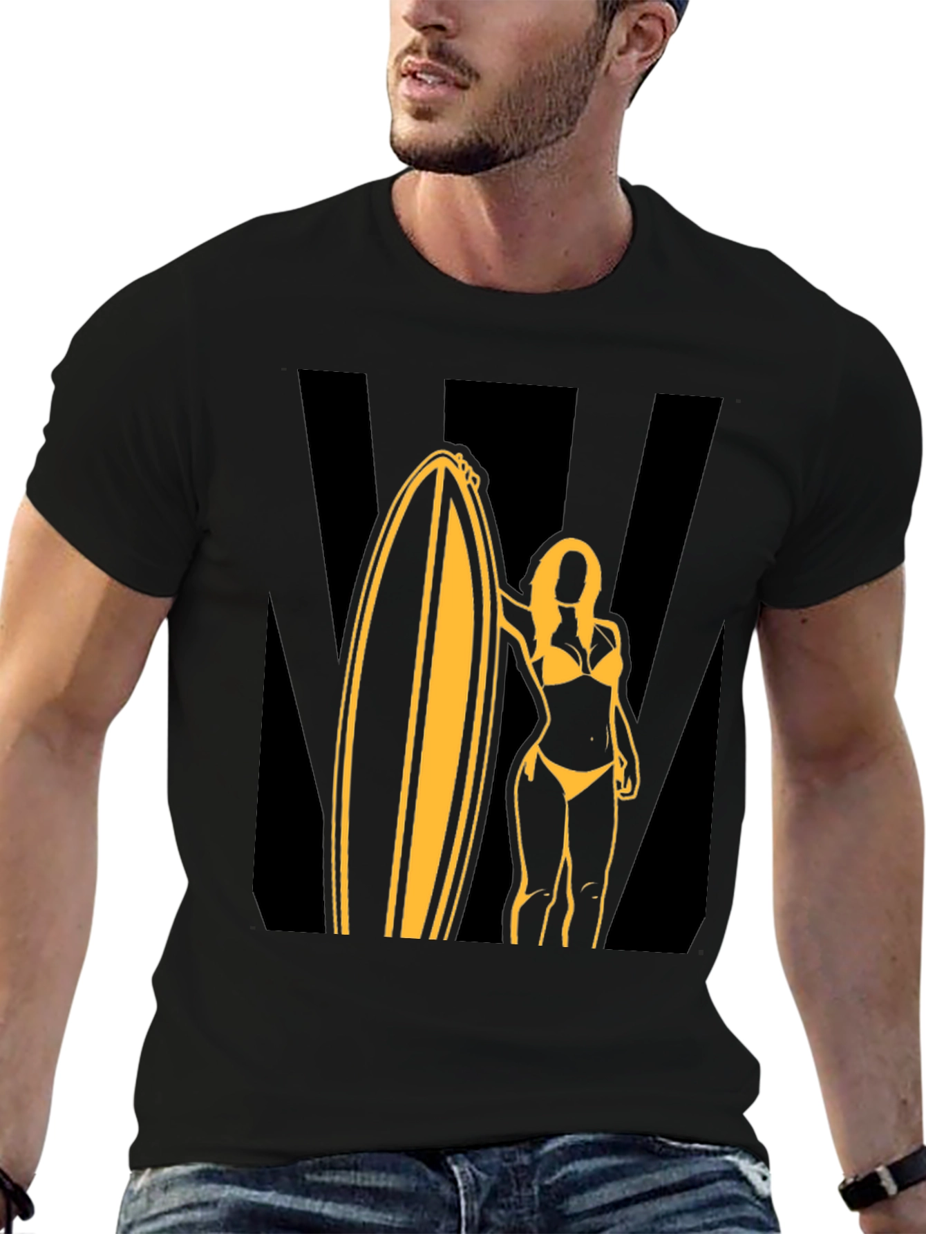 Surf Girl Graphic Tee - Black Cotton T-Shirt