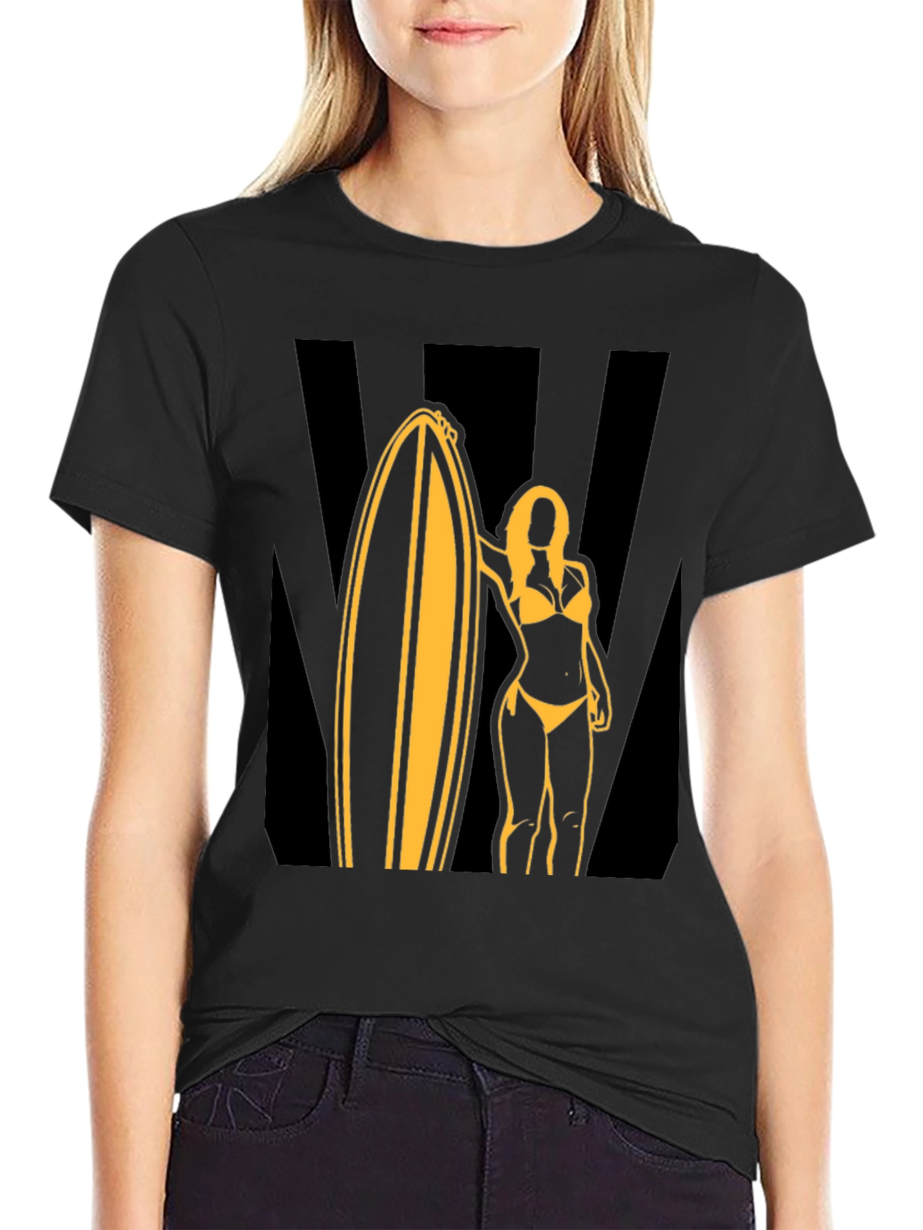 Surf Girl Graphic Tee - Black Cotton T-Shirt