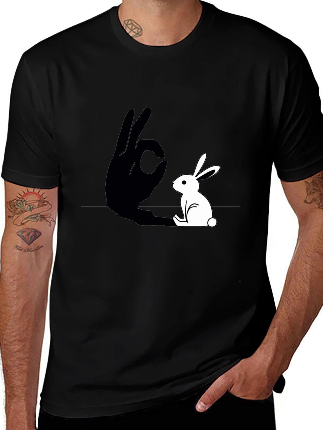 Rabbit Shadow Hand Gesture Graphic Tee - Black