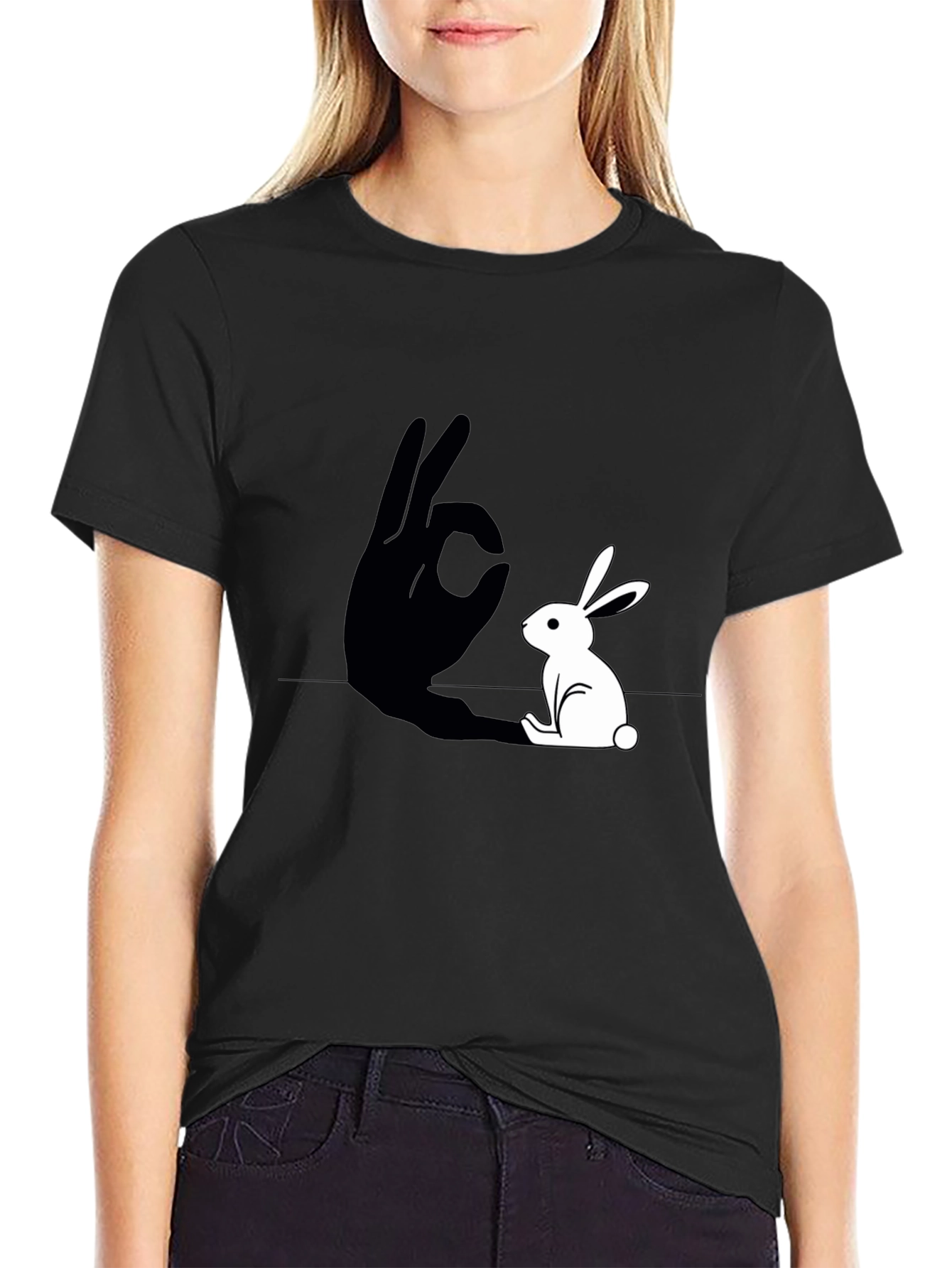 Rabbit Shadow Hand Gesture Graphic Tee - Black