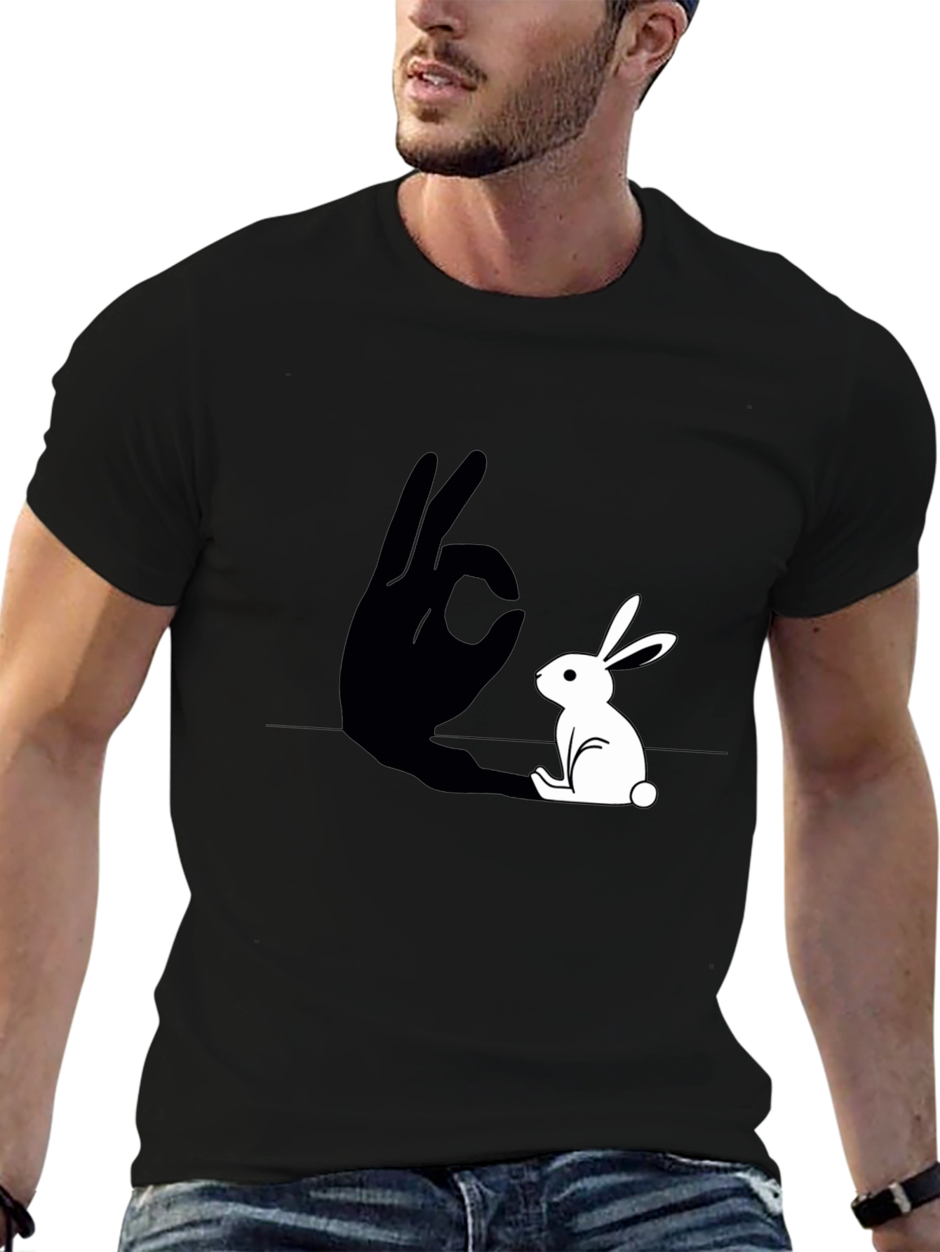 Rabbit Shadow Hand Gesture Graphic Tee - Black