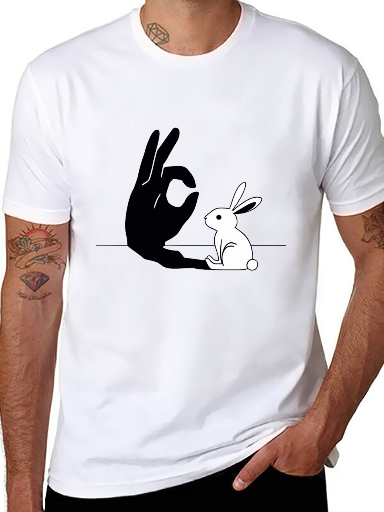 Rabbit Shadow Hand Gesture Graphic Tee - Black