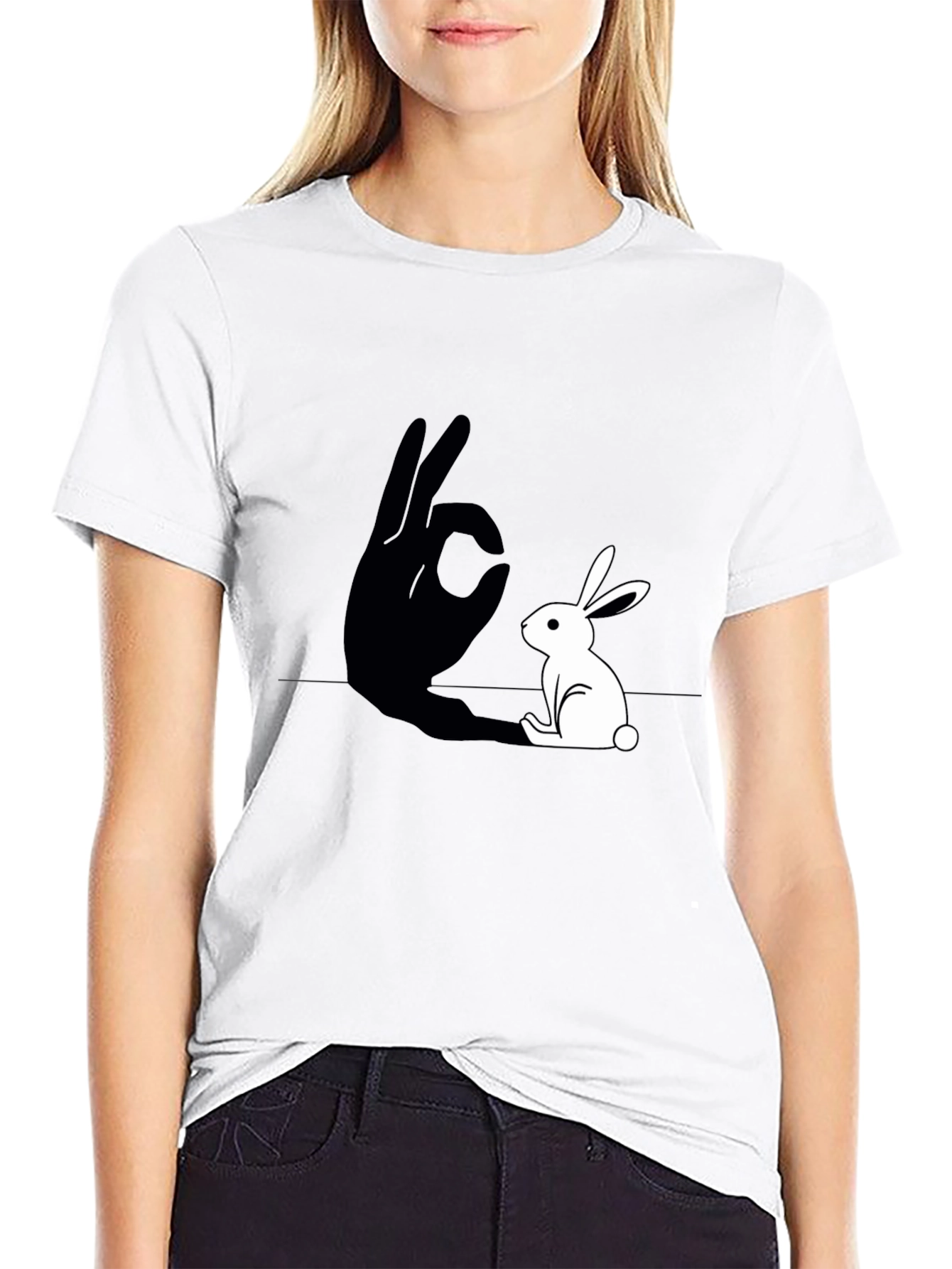 Rabbit Shadow Hand Gesture Graphic Tee - Black
