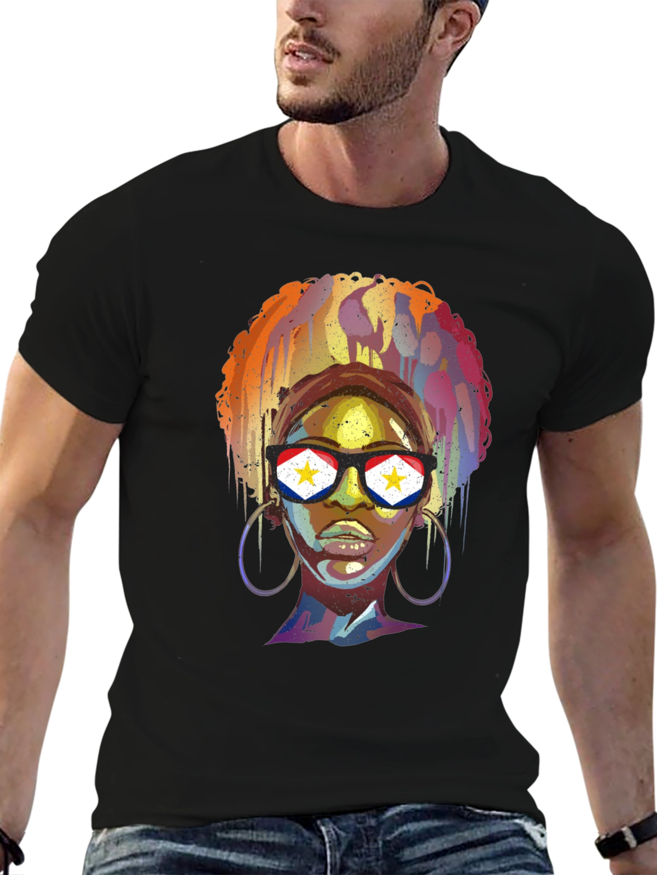 Stylish Black T-Shirt with Artistic Woman Graphic