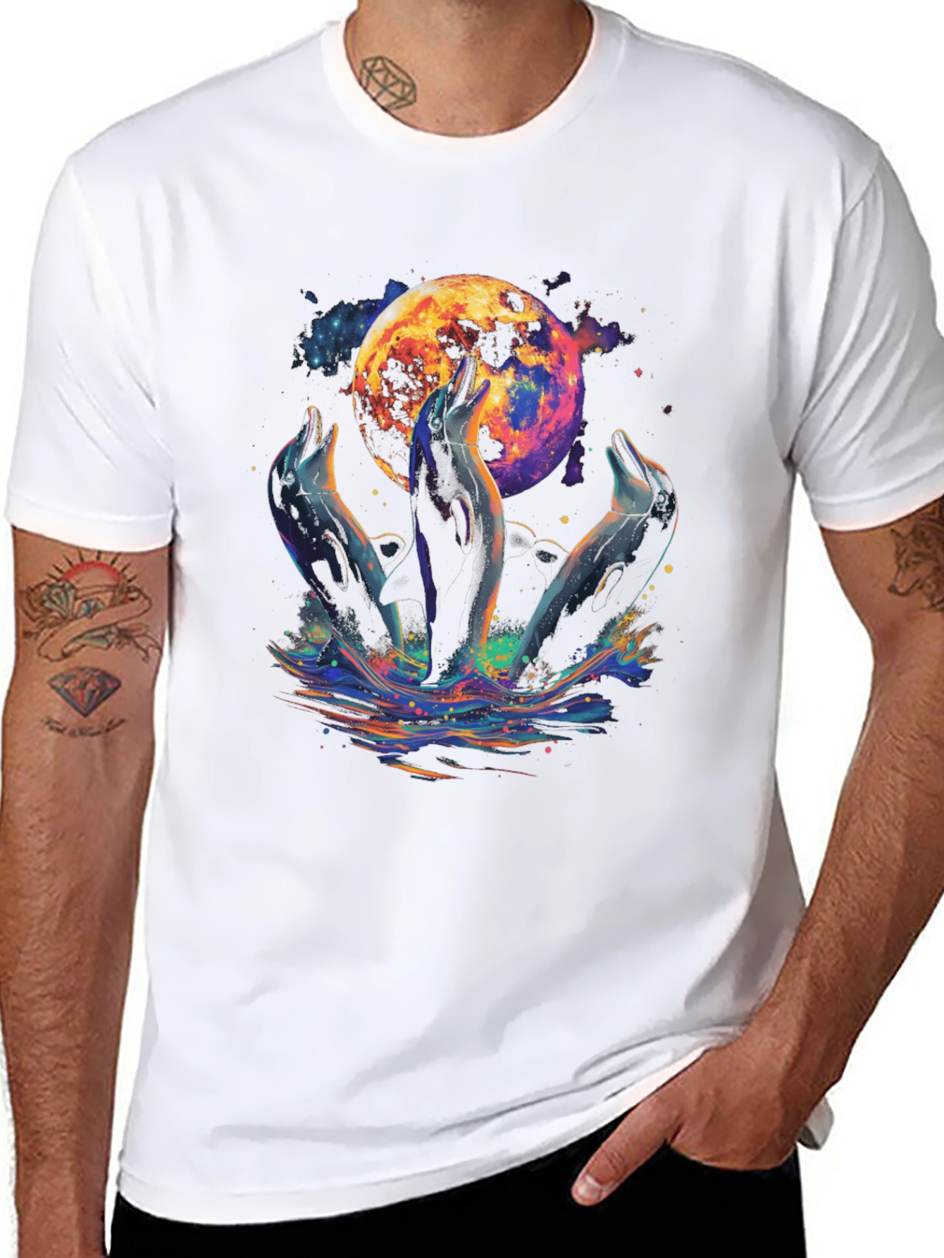 Dolphin Moon Graphic T-Shirt - Black