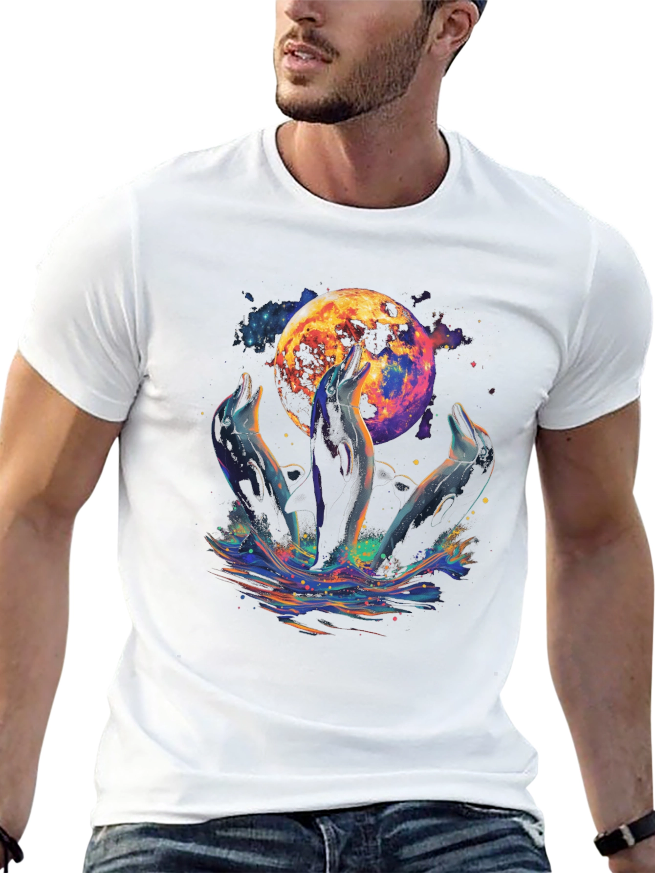 Dolphin Moon Graphic T-Shirt - Black
