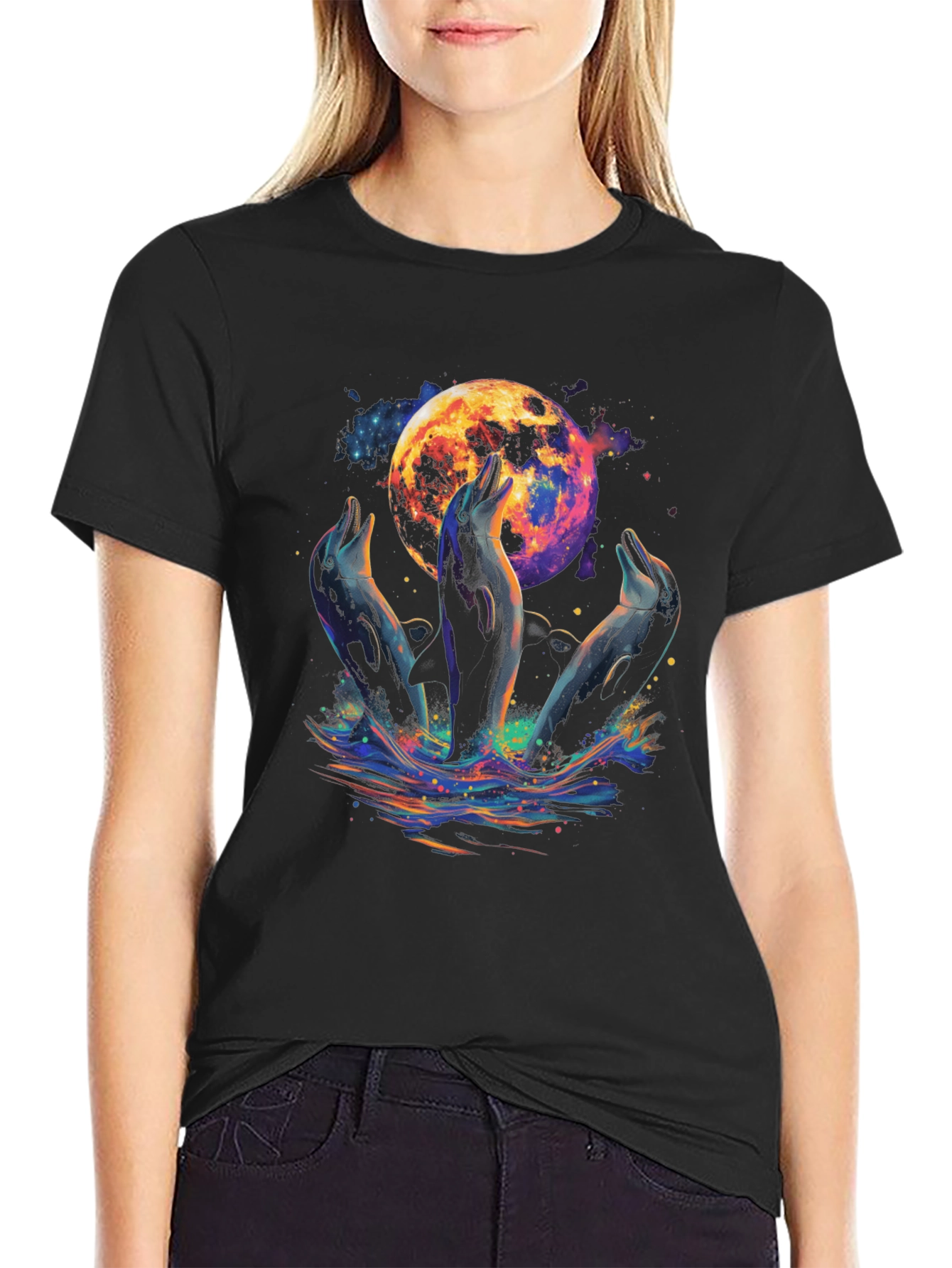 Dolphin Moon Graphic T-Shirt - Black