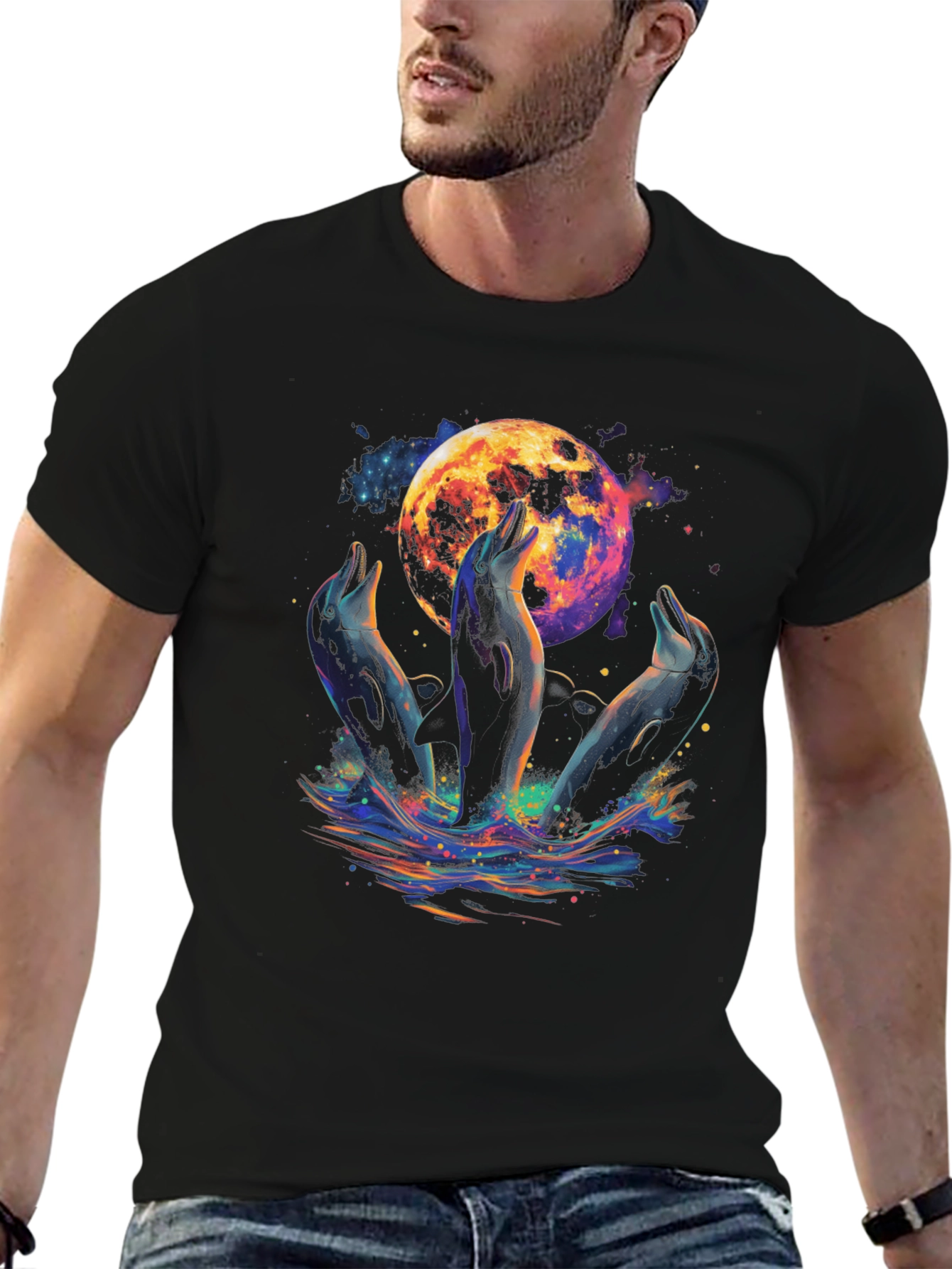 Dolphin Moon Graphic T-Shirt - Black