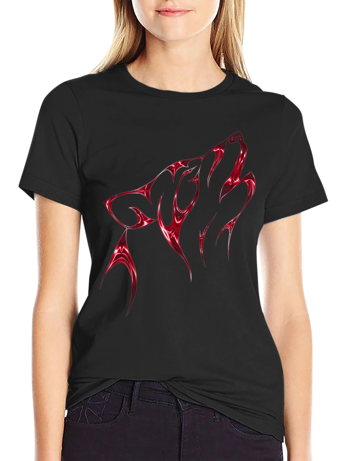 Bold Red Wolf Graphic Tee - Mens Black T-Shirt