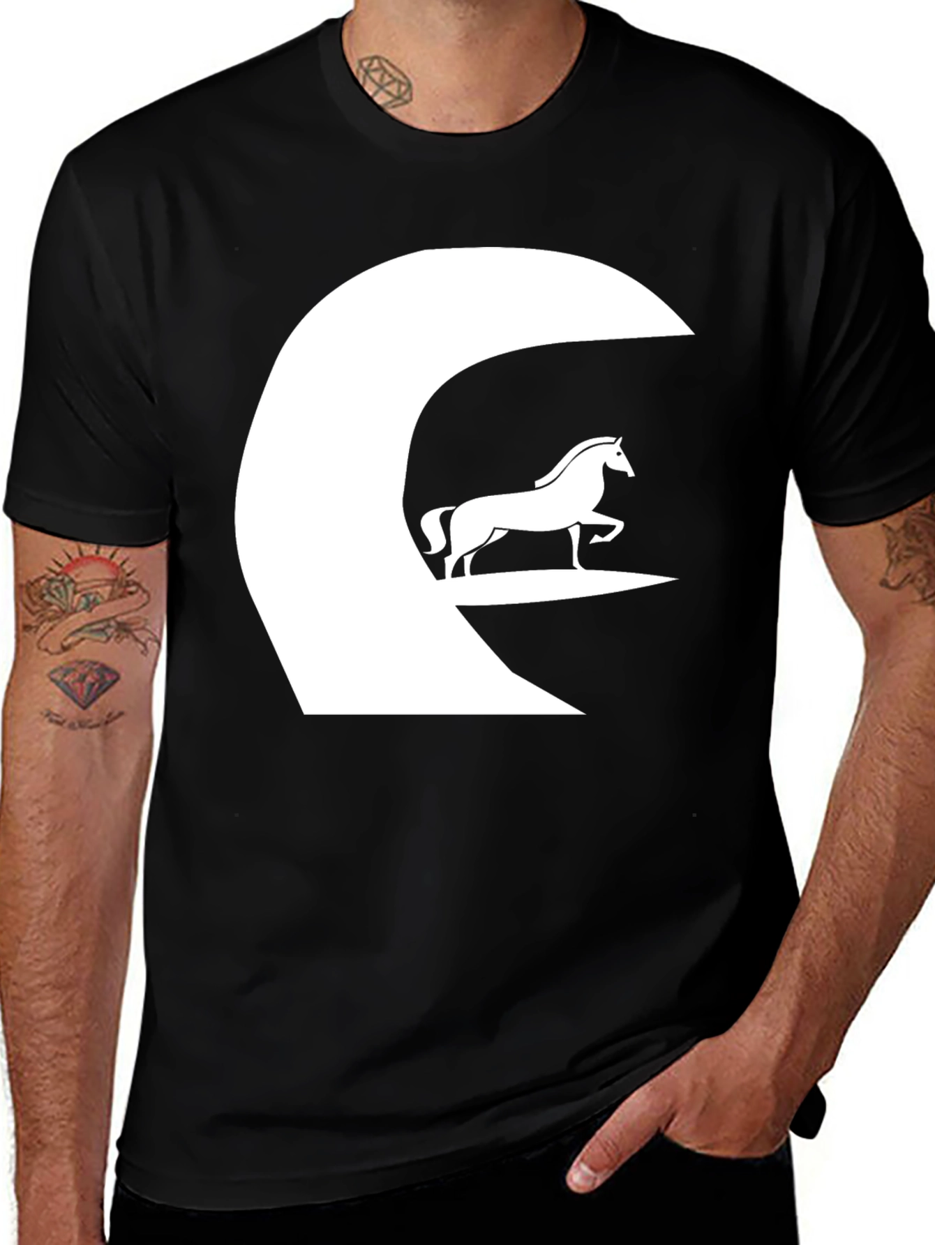 Horse Graphic Tee - Black Cotton Casual T-Shirt