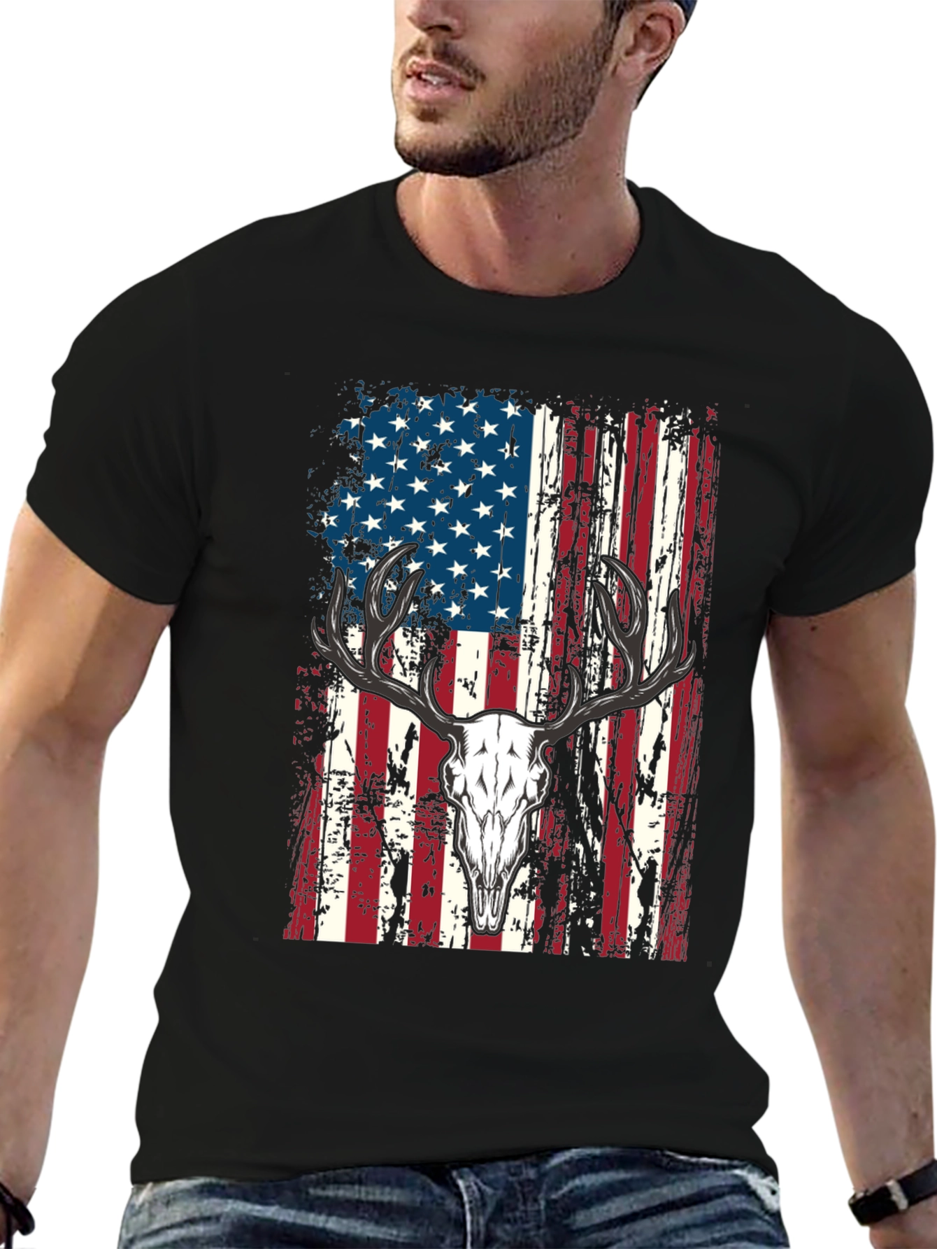 American Flag Deer Skull Graphic Tee