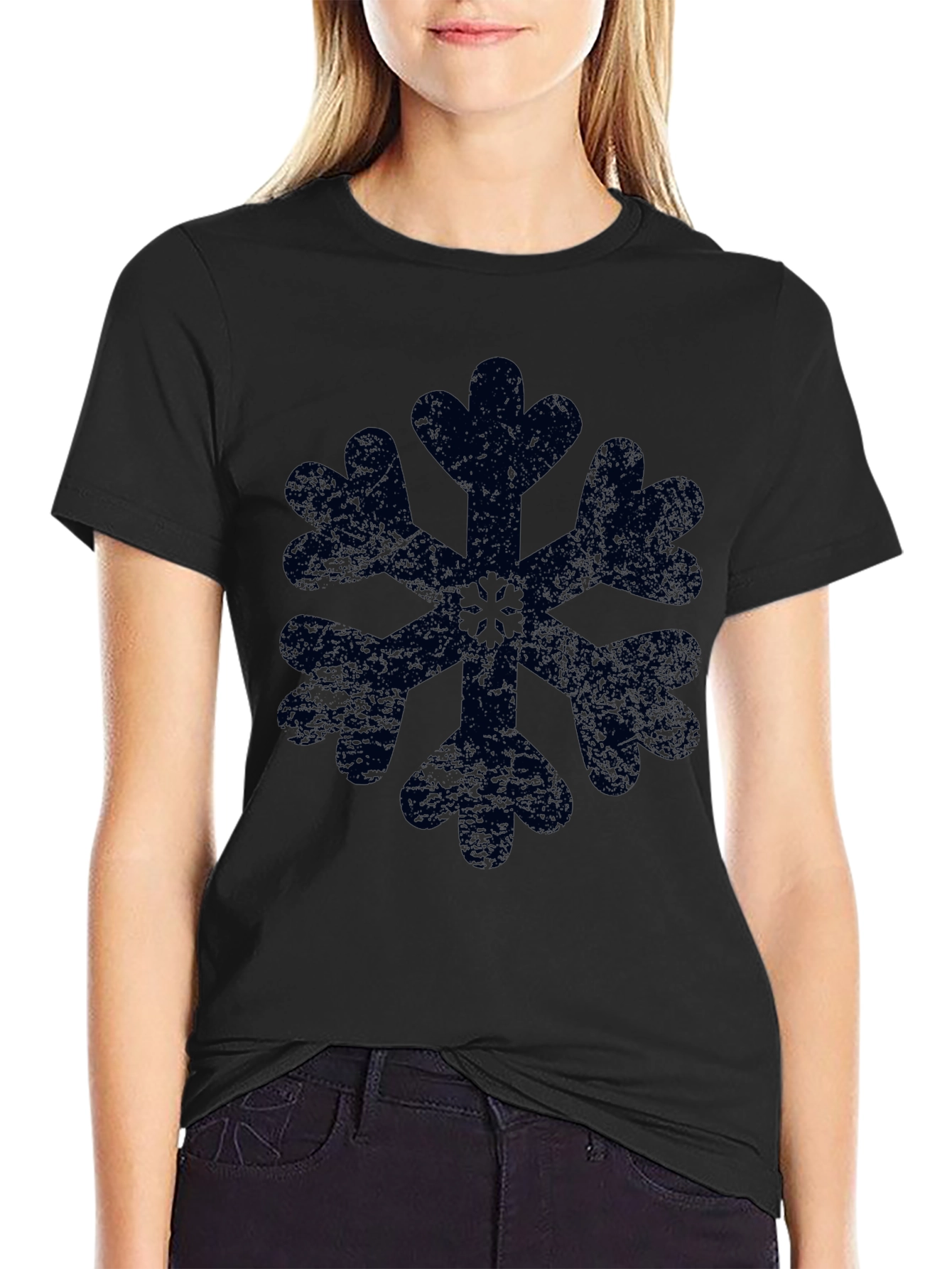 Snowflake Graphic Black T-Shirt Distressed Print