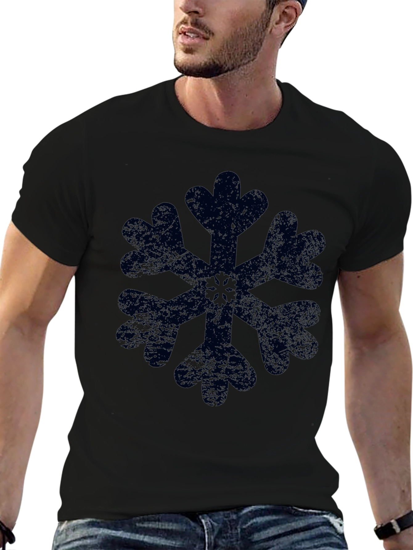 Snowflake Graphic Black T-Shirt Distressed Print